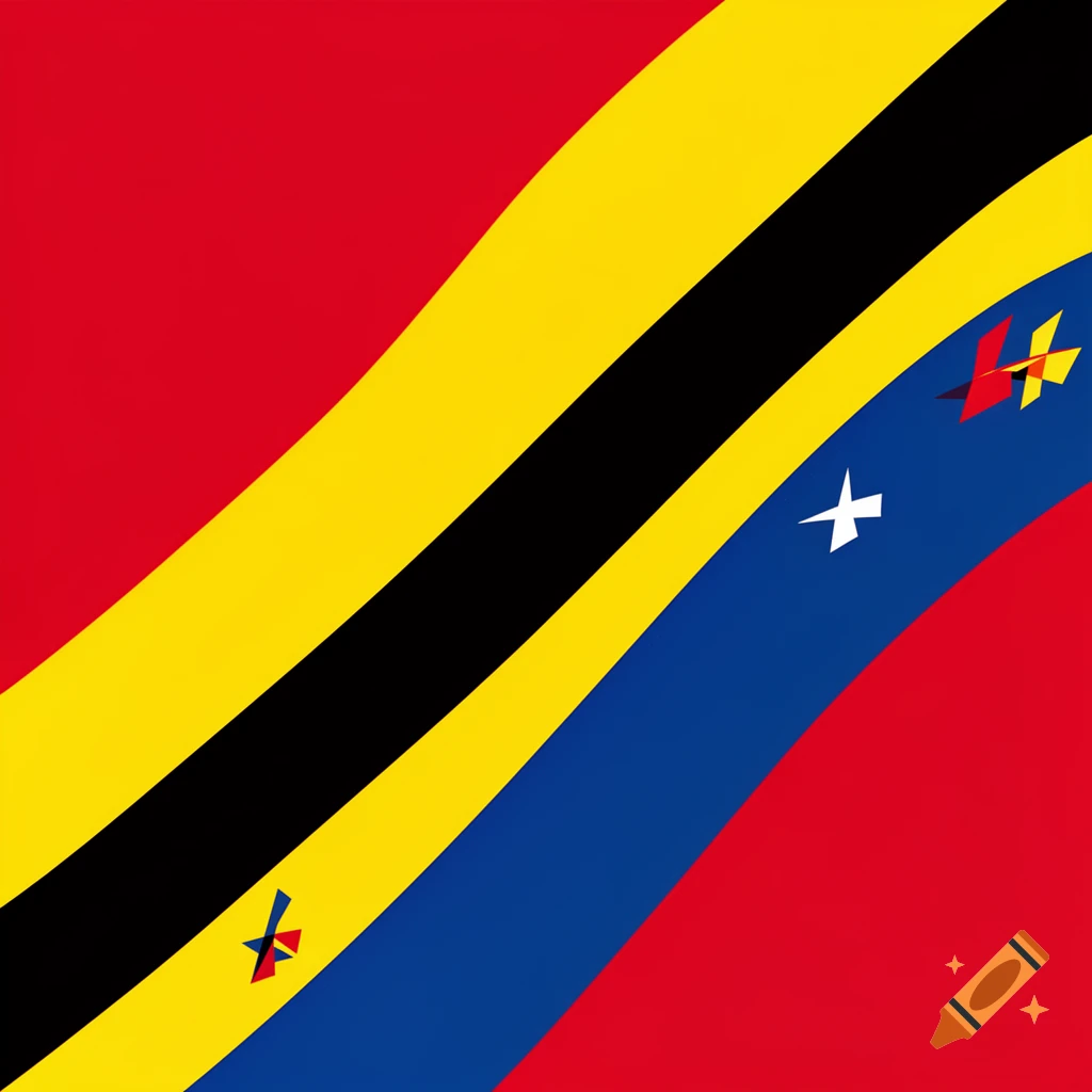 A stylized flag with waving diagonal stripes of red, yellow, black, and blue, featuring small white stars and multi-colored cross shapes.