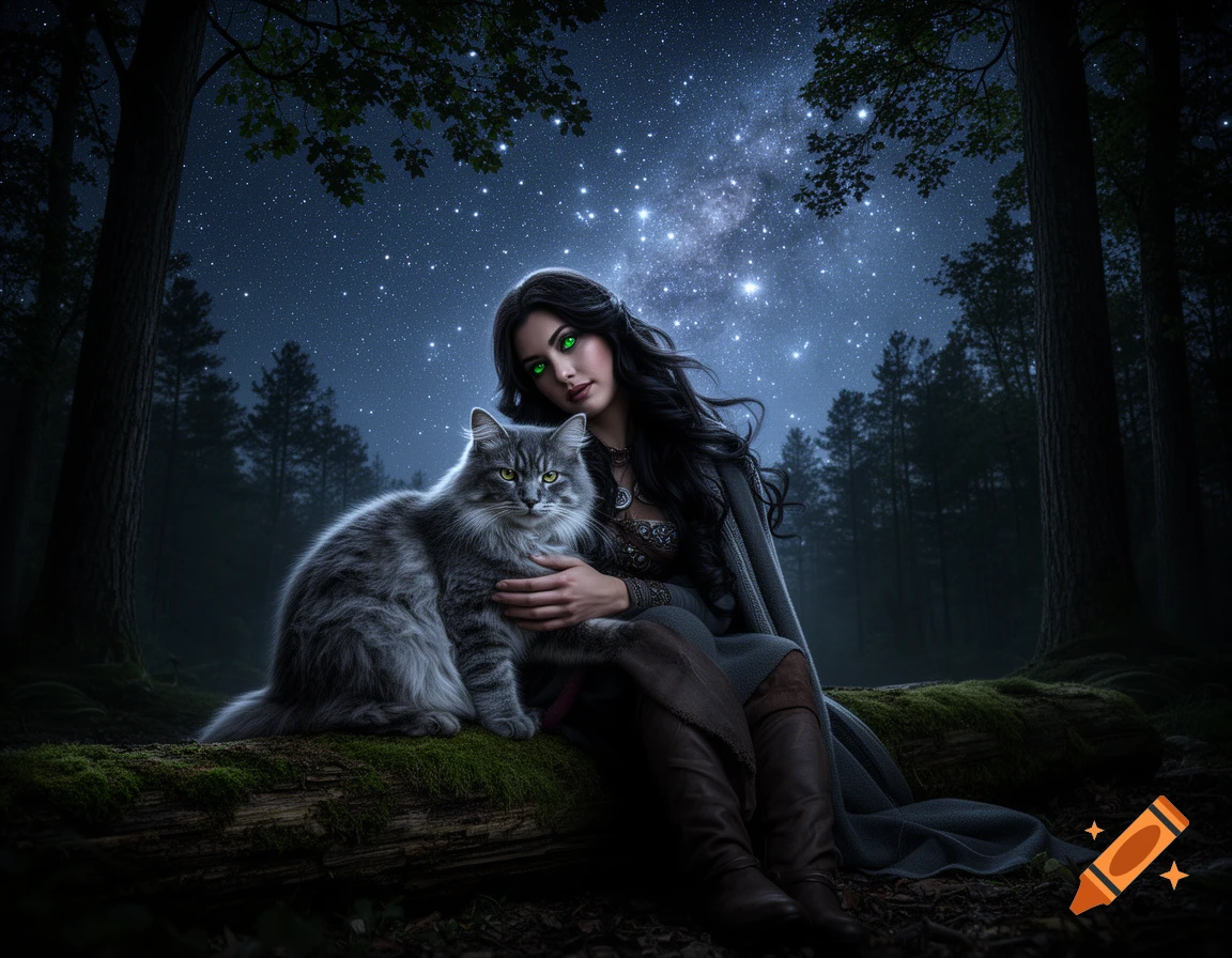 A woman with long dark hair and glowing green eyes sits on a mossy log with a fluffy gray cat in a dark forest under a starry night sky.