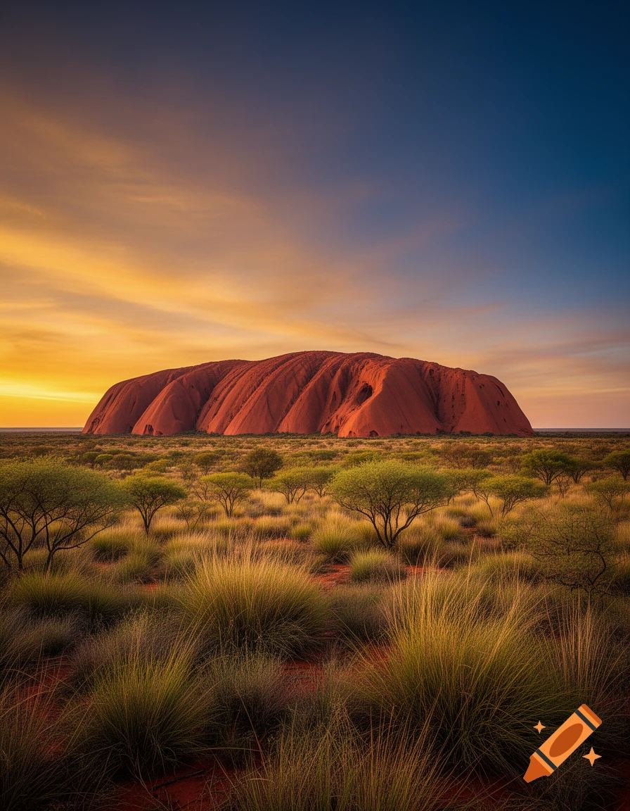 Photorealistic view of Uluru, a massive red rock, at sunset over a vast desert landscape with golden grasses and trees.