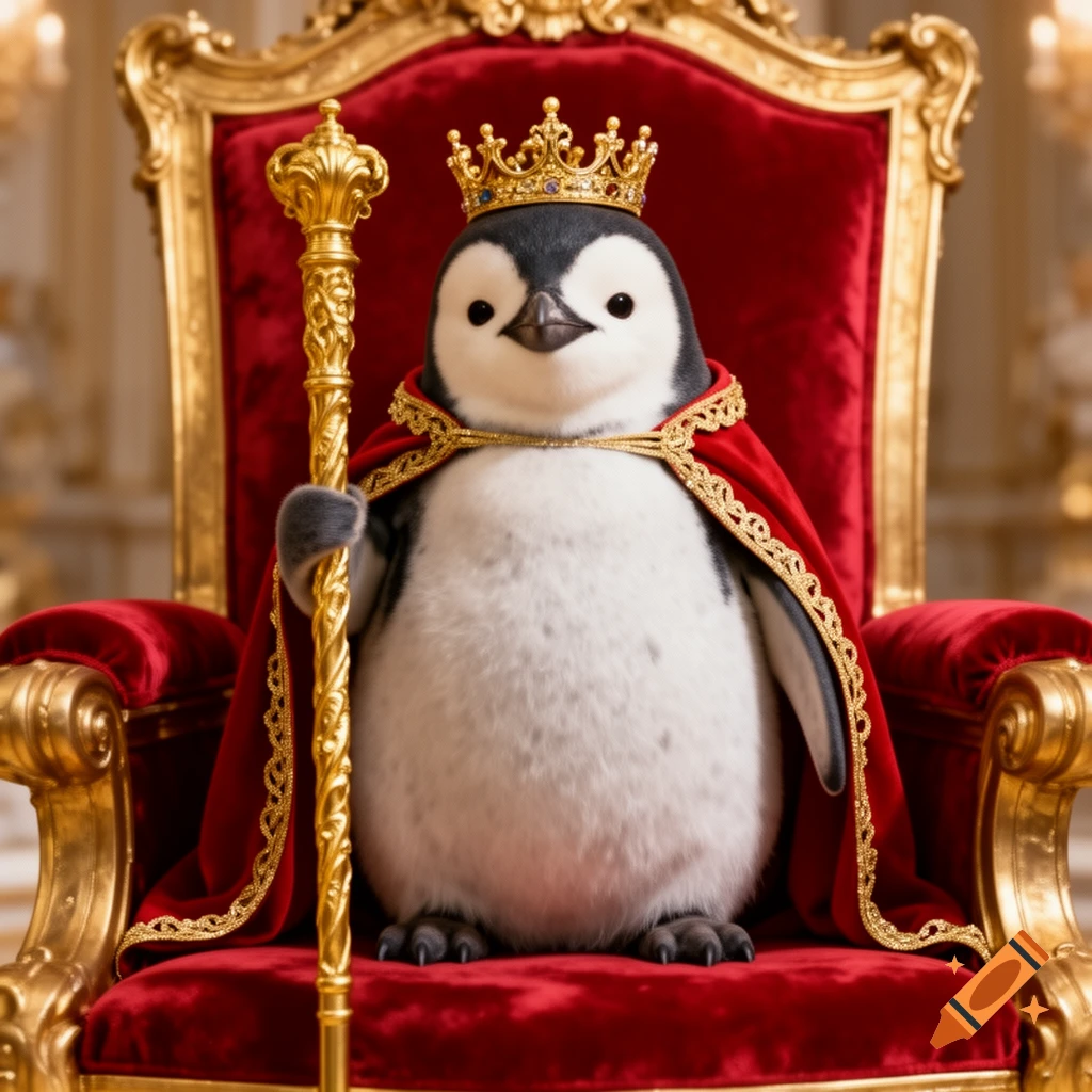 A photorealistic baby penguin, dressed as a king with a gold crown and red cape, sits on a red and gold throne holding a golden scepter.