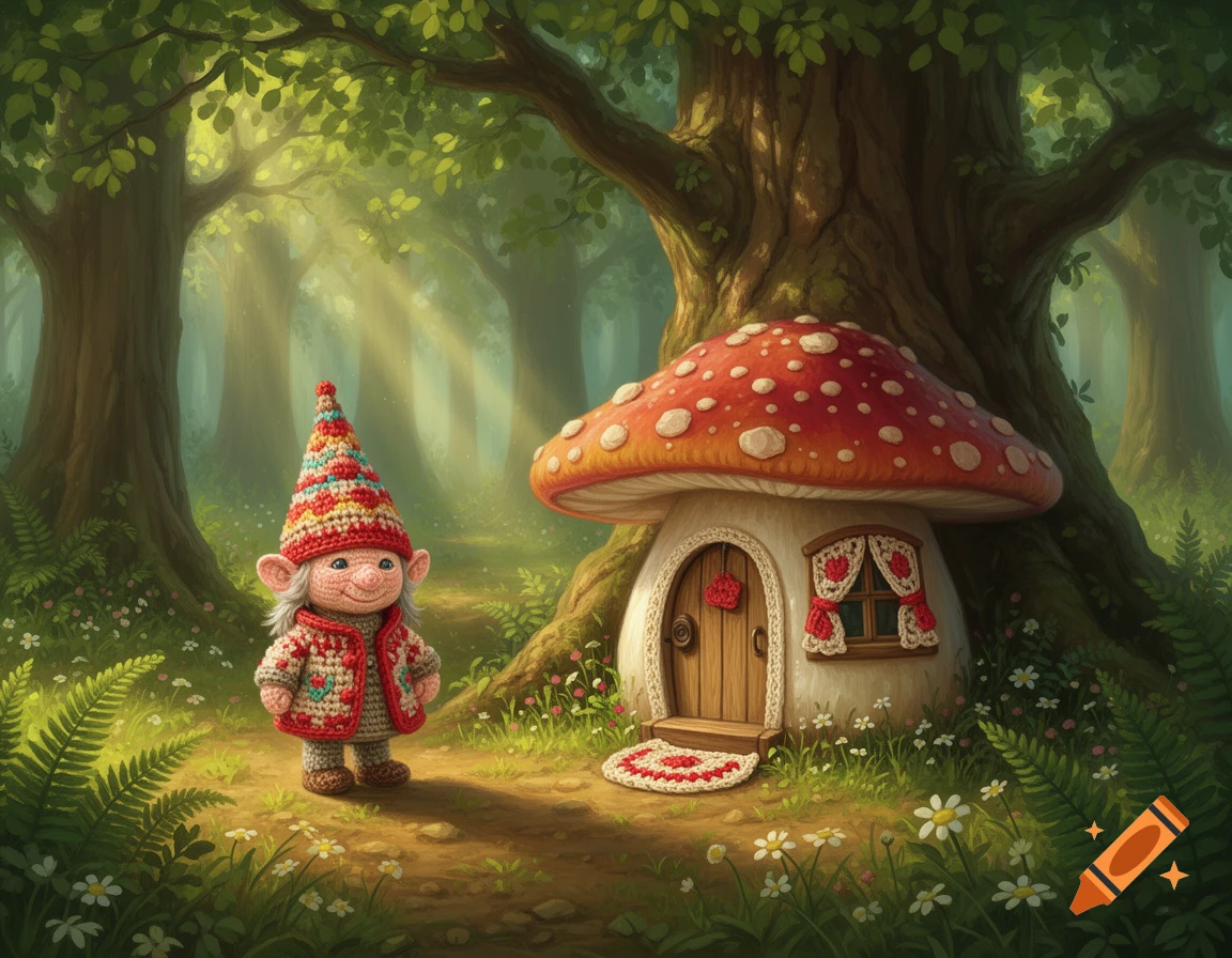 A charming crochet gnome with a colorful hat stands on a forest path next to a red mushroom house, all in a whimsical, knitted style.