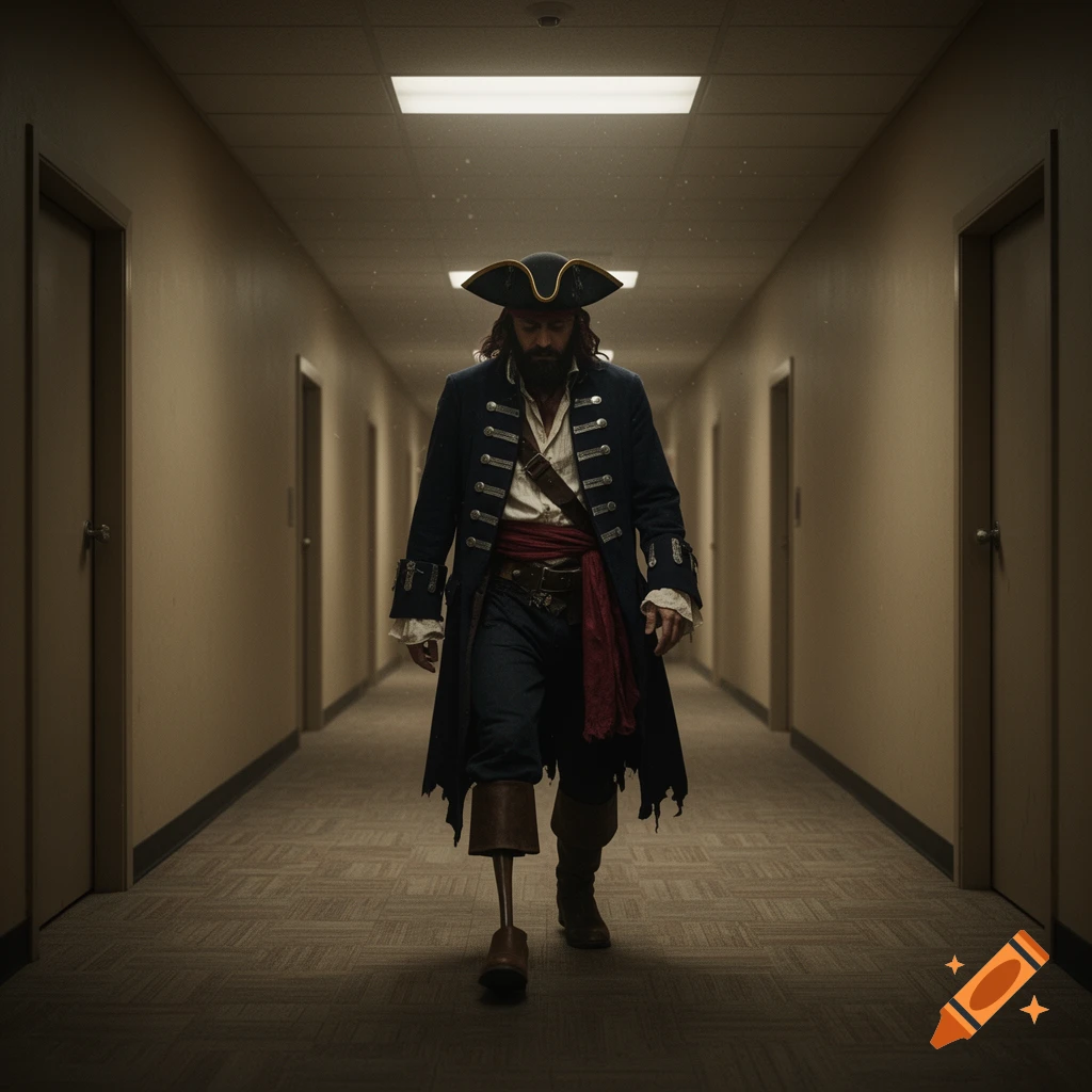 A photorealistic image of a man in a pirate costume with a peg leg walking down a dimly lit, narrow hallway.