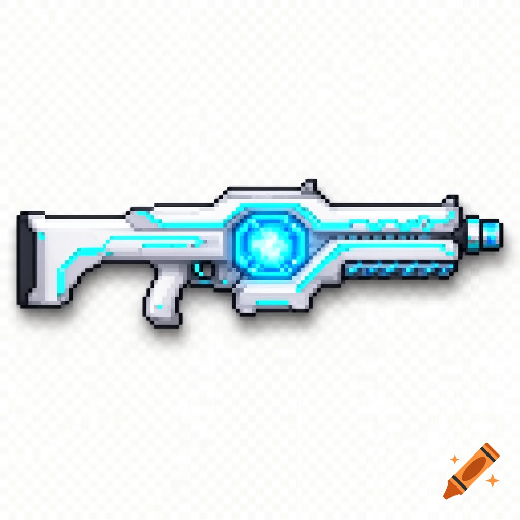 Pixel art futuristic energy rifle with a white body, cyan glowing lines, and a bright blue plasma core, on a transparent background.