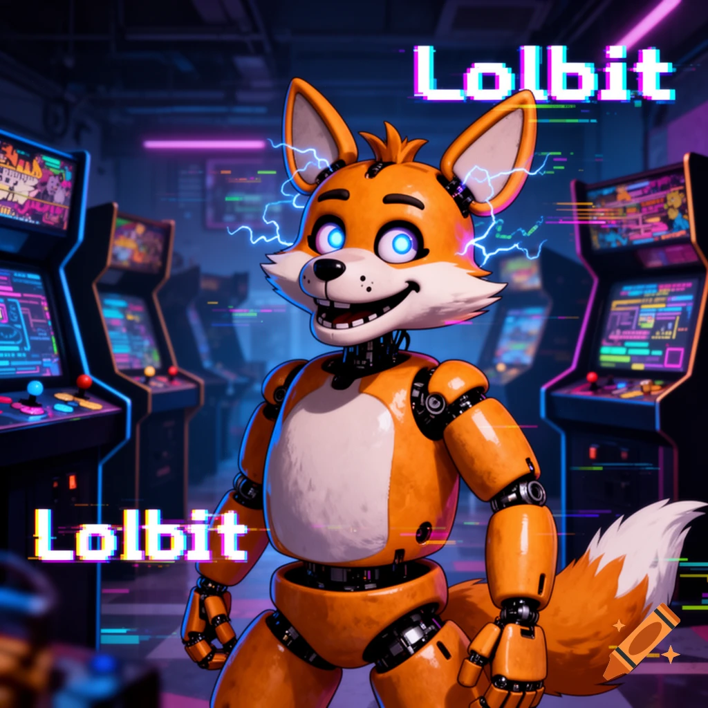 An orange and white animatronic fox, Lolbit, with glowing blue eyes and electrical sparks, stands in a neon-lit arcade.