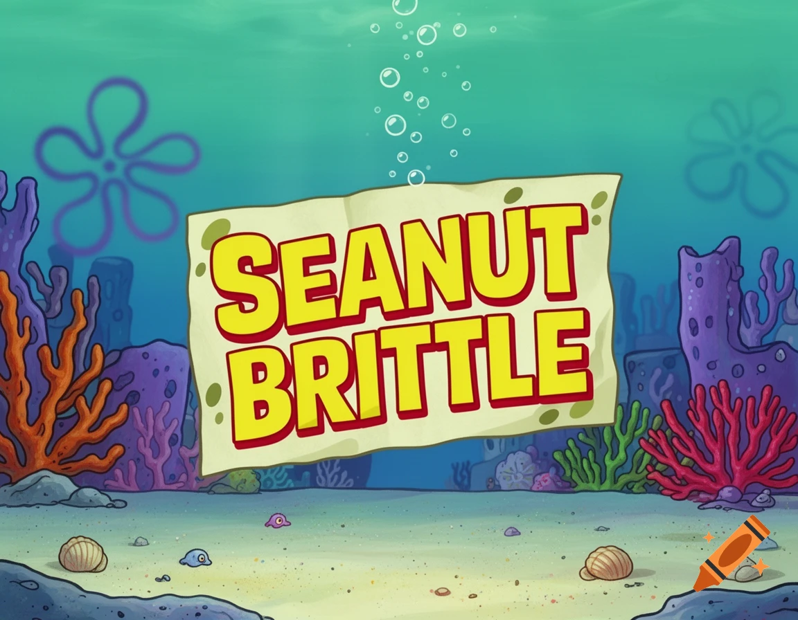 Cartoon Spongebob-style underwater scene with a sign reading 'SEANUT BRITTLE' surrounded by coral.