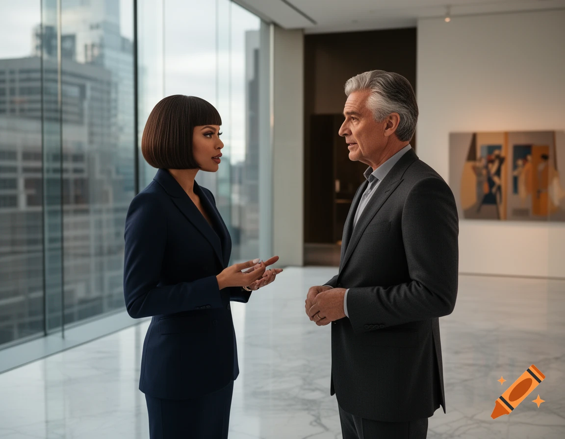 A businesswoman and businessman in suits talk in a modern office with large windows and artwork.