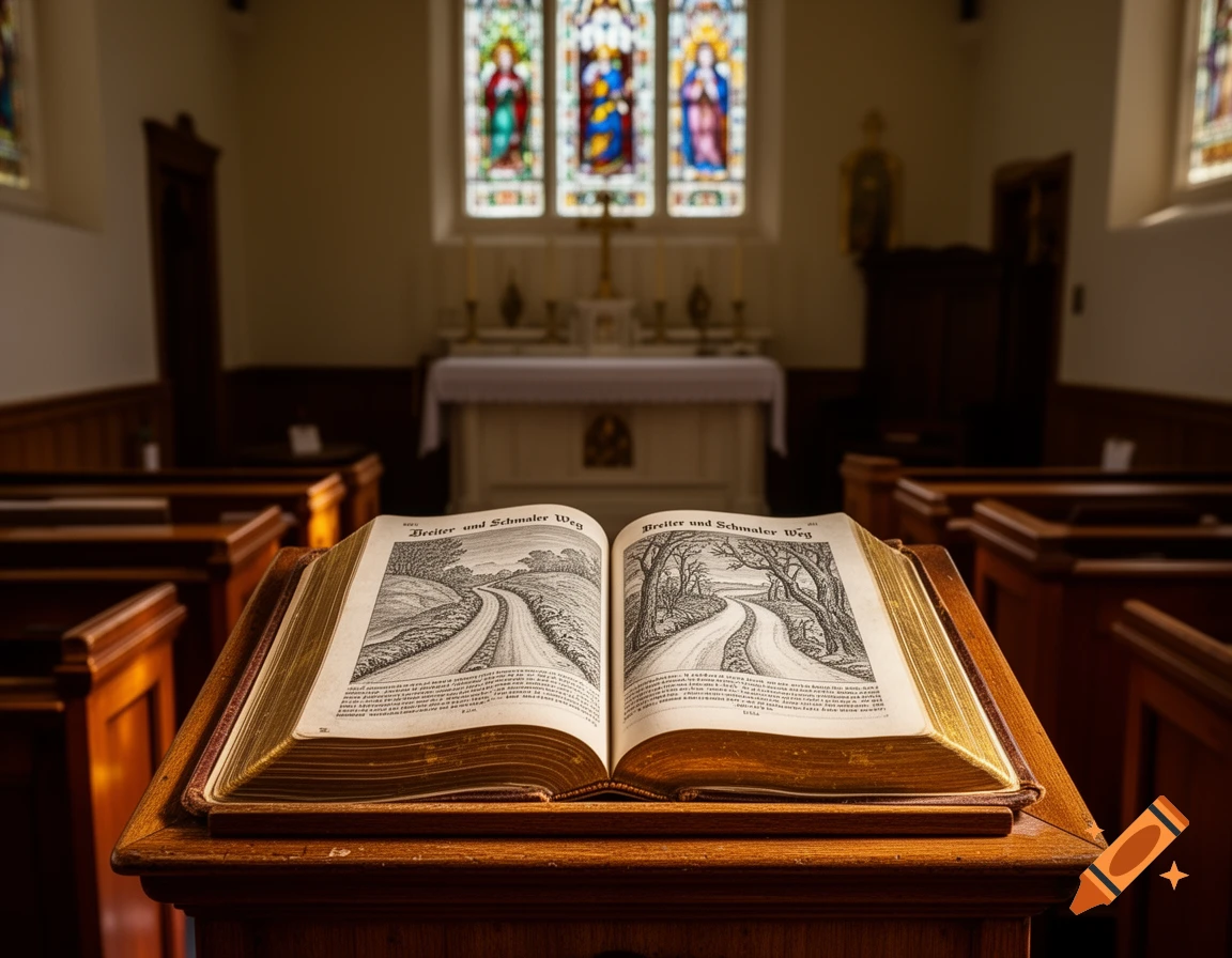 An open Bible displaying an illustration of two paths and text, resting on a wooden lectern in a church with stained glass windows in the background.