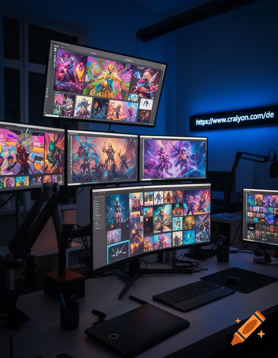 A multi-monitor computer setup displaying vibrant digital artwork. A lighted sign on the wall reads "https://www.craiyon.com/de" in a blue-hued room.