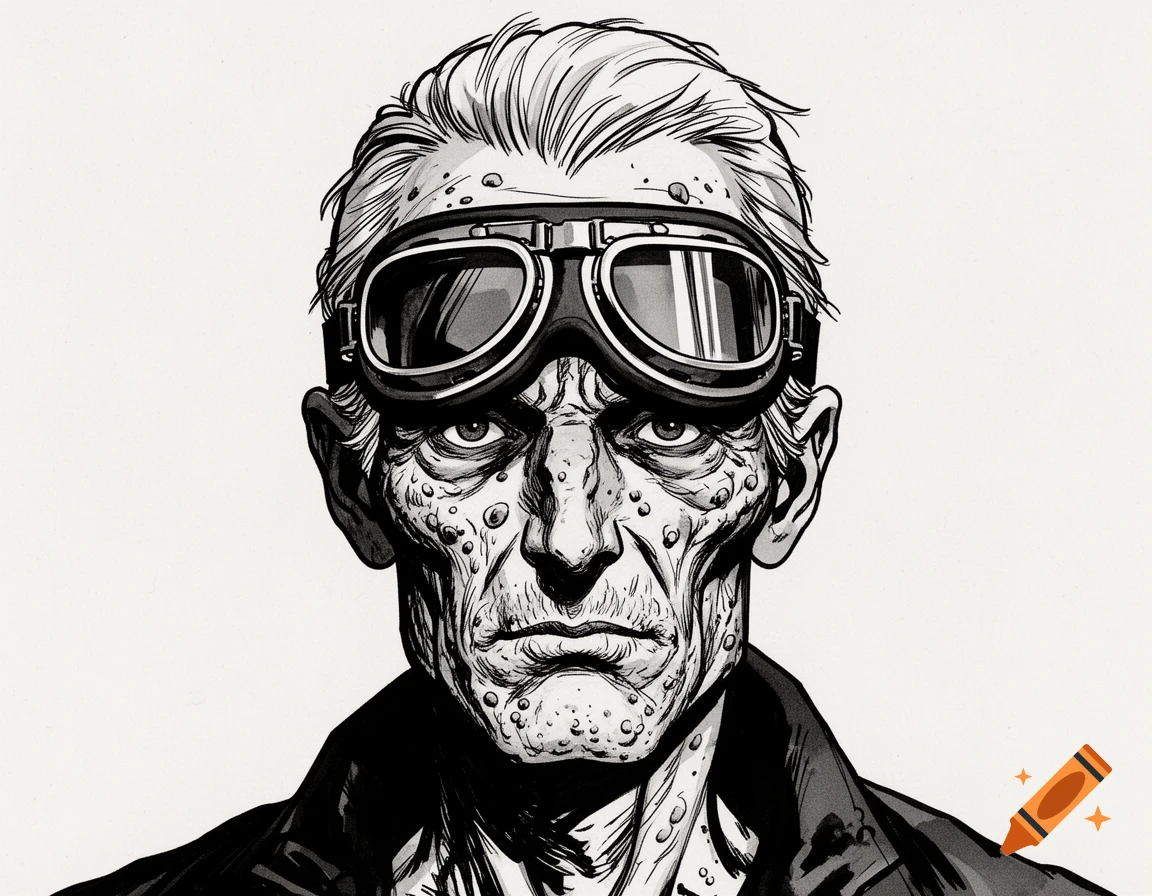 Black and white comic art portrait of a stern, aged man with pockmarked skin, short hair, and 1960s biker goggles.