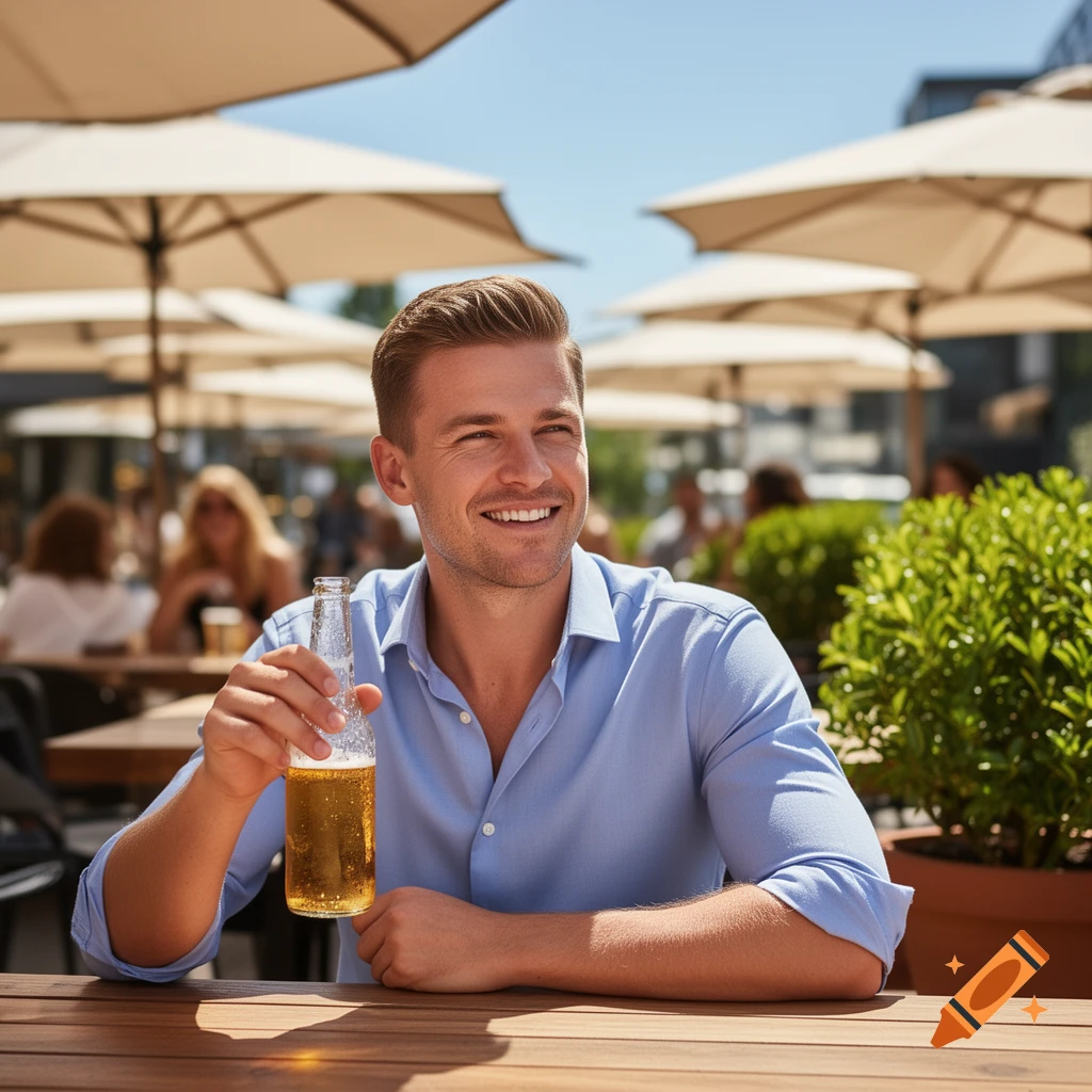 A smiling man in a blue shirt holds a beer bottle while sitting at an outdoor cafe on a sunny day.