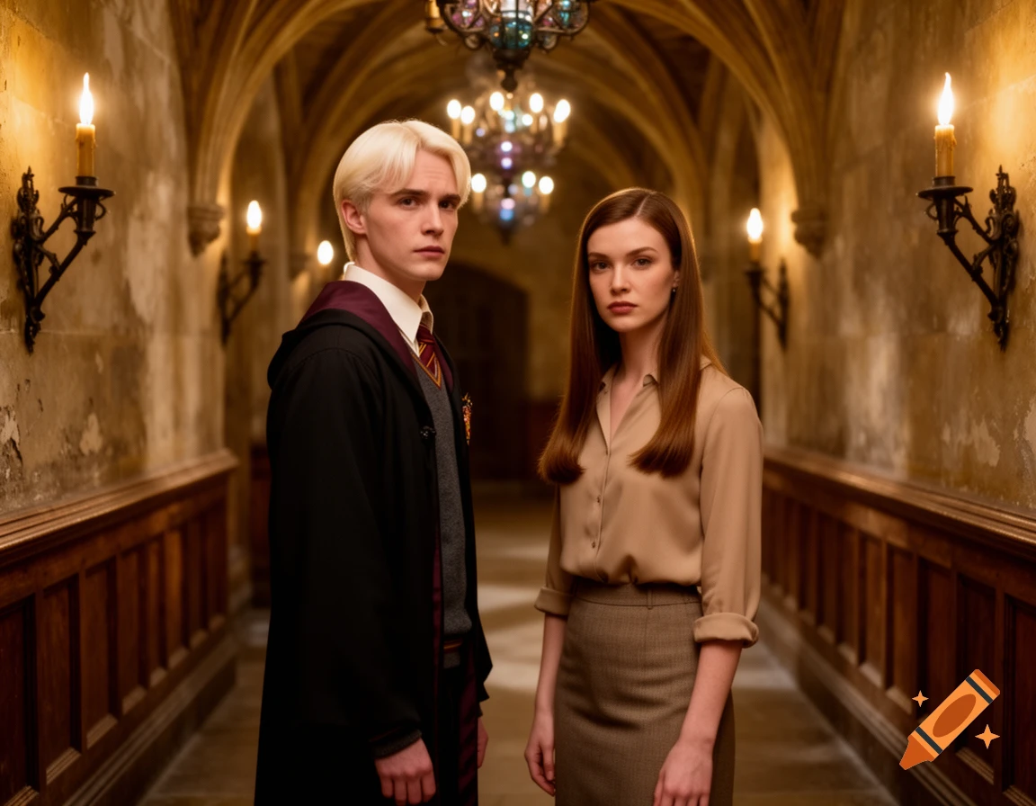 A blonde man in wizard robes and a woman in a tan shirt and skirt stand in a grand, candlelit stone hallway with arched ceilings.