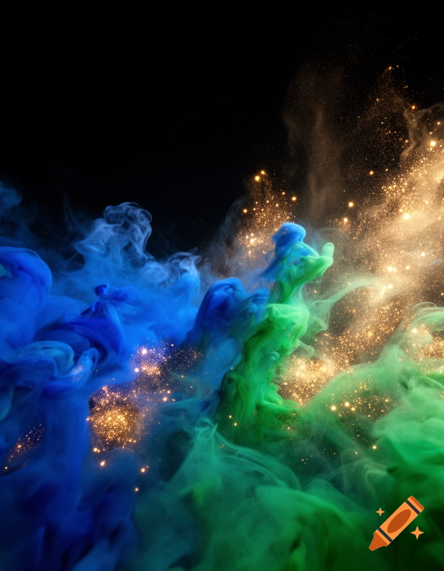 Blue and green ink plumes mix with golden glitter and smoke on a black background.