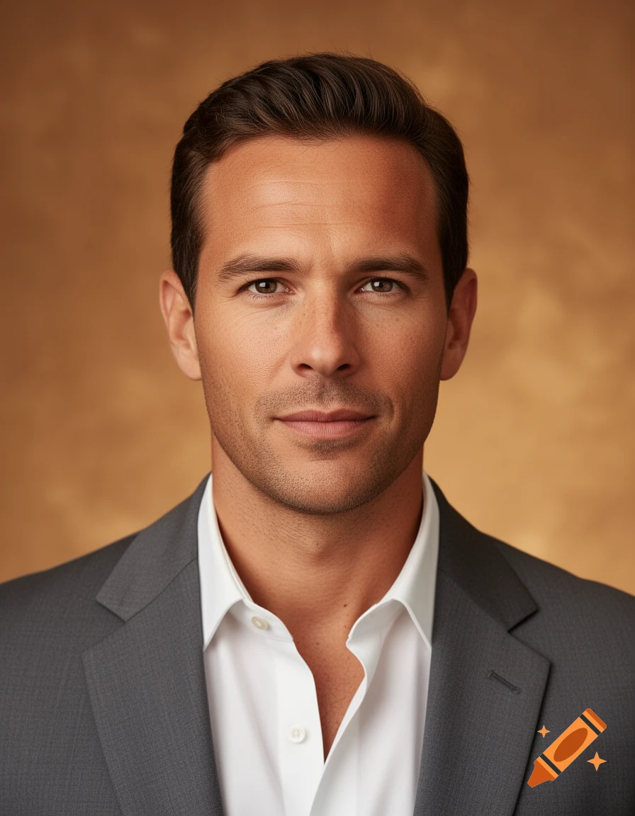 Photorealistic portrait of a man in a grey suit and white shirt, looking directly at the viewer.