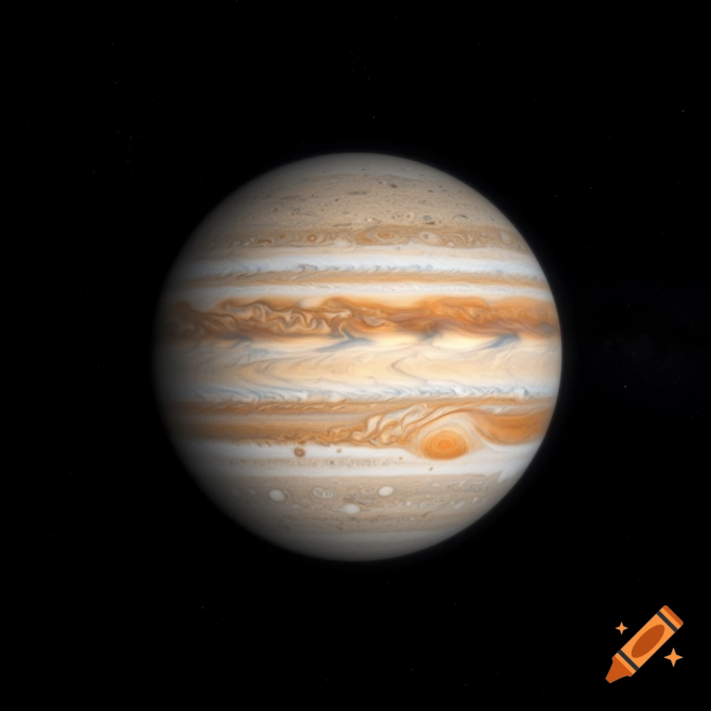 A detailed, photorealistic image of Jupiter, showing its swirling orange and white cloud bands against a black starry background.