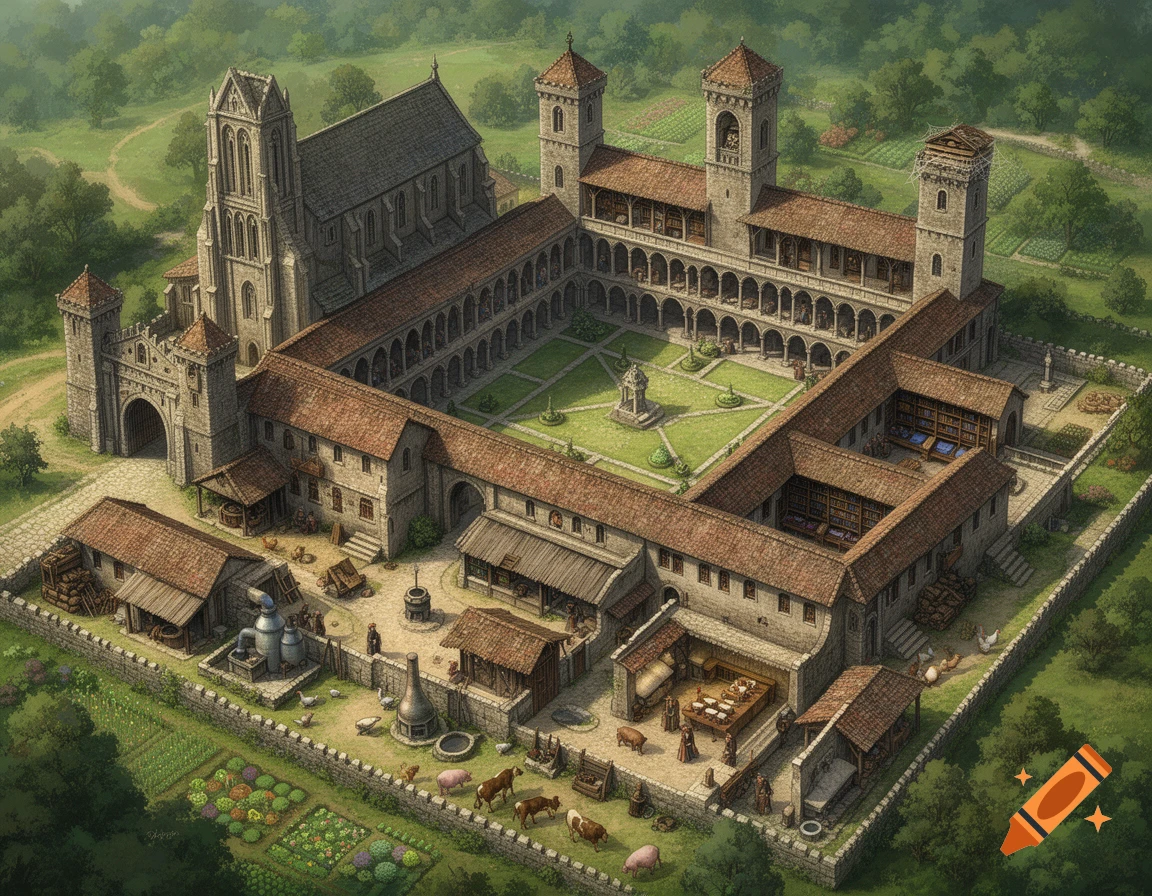 Detailed aerial illustration of a medieval monastery complex with a chapel, central courtyard, gardens, and farm animals.
