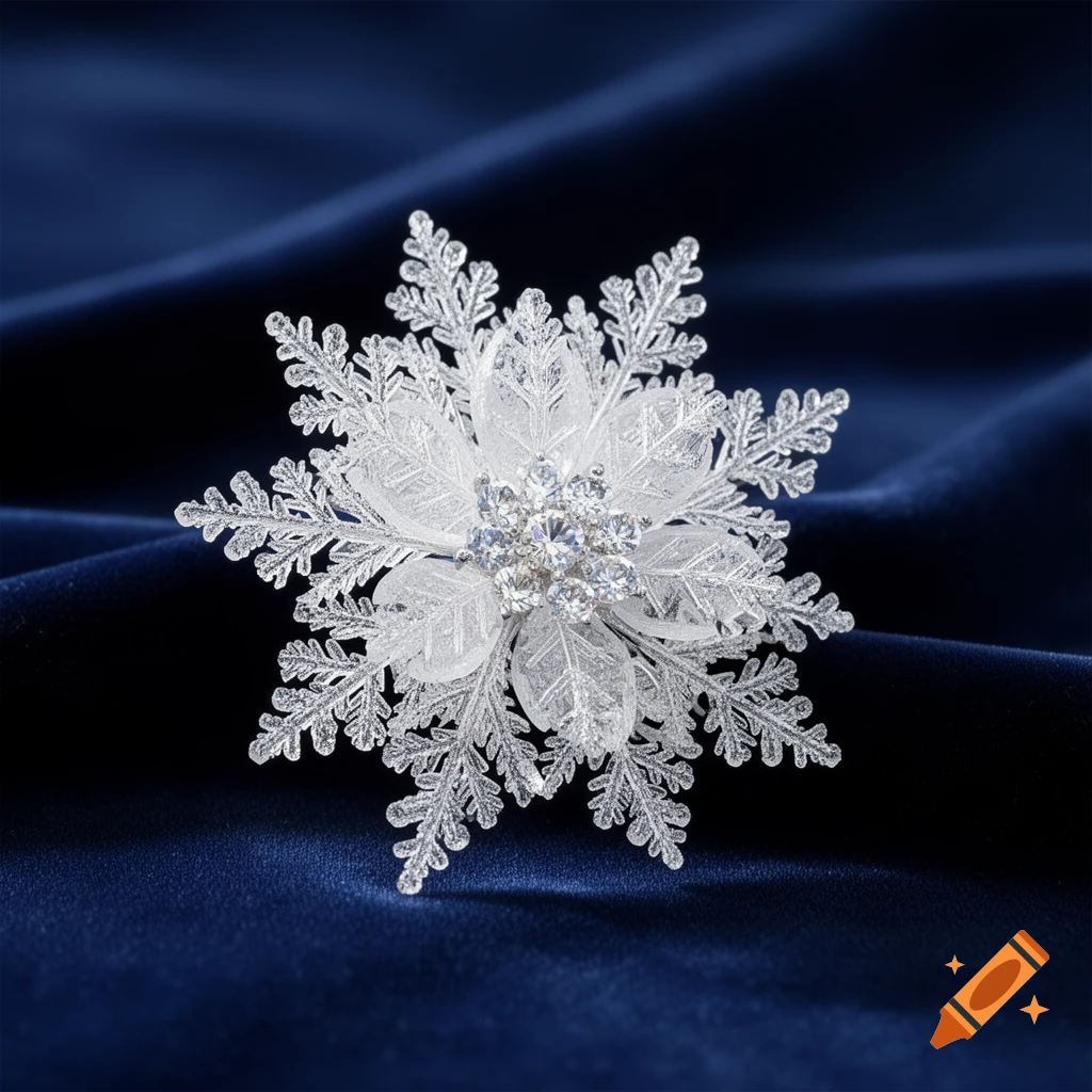 A close-up of a shimmering white snowflake-shaped brooch with clear gems, set against a dark blue satin background.