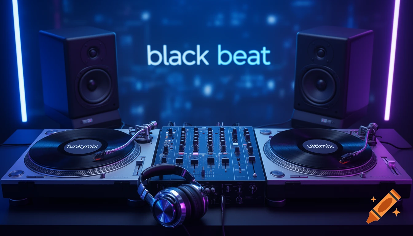 A professional DJ setup with a mixer, two turntables, speakers, and headphones, bathed in blue neon light with "black beat" in the background.