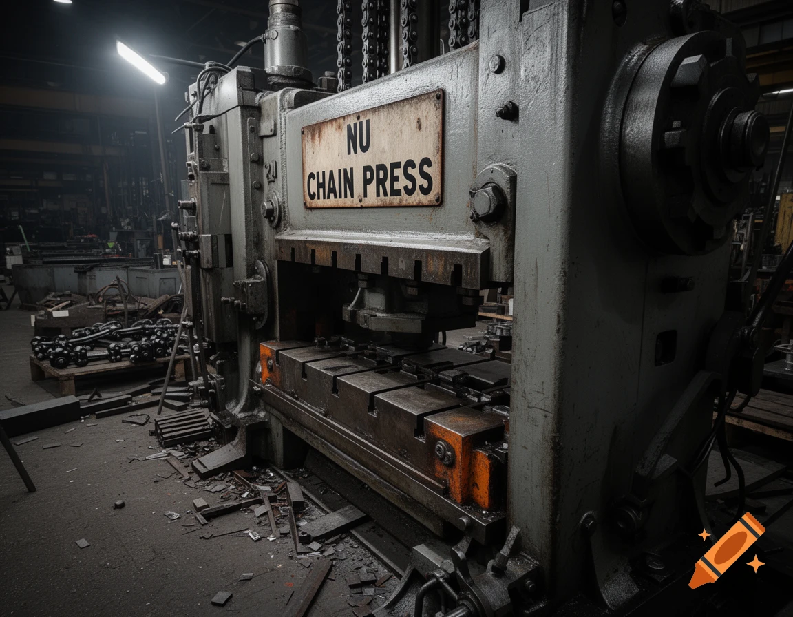 A large, gray industrial chain press machine stands in a dimly lit workshop, surrounded by metal debris on the floor.