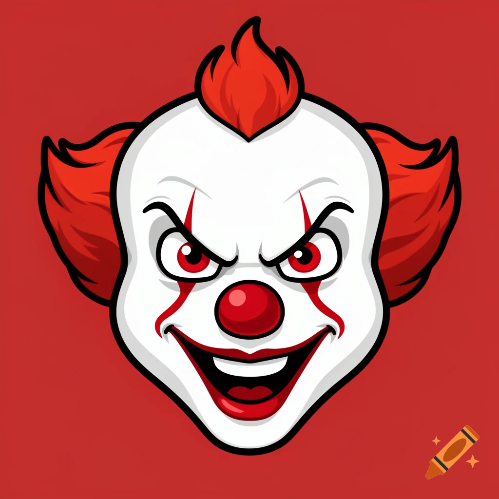 A stylized illustration of Pennywise the evil clown's face with red hair, angry eyes, a red nose, and a wide smile on a red background.