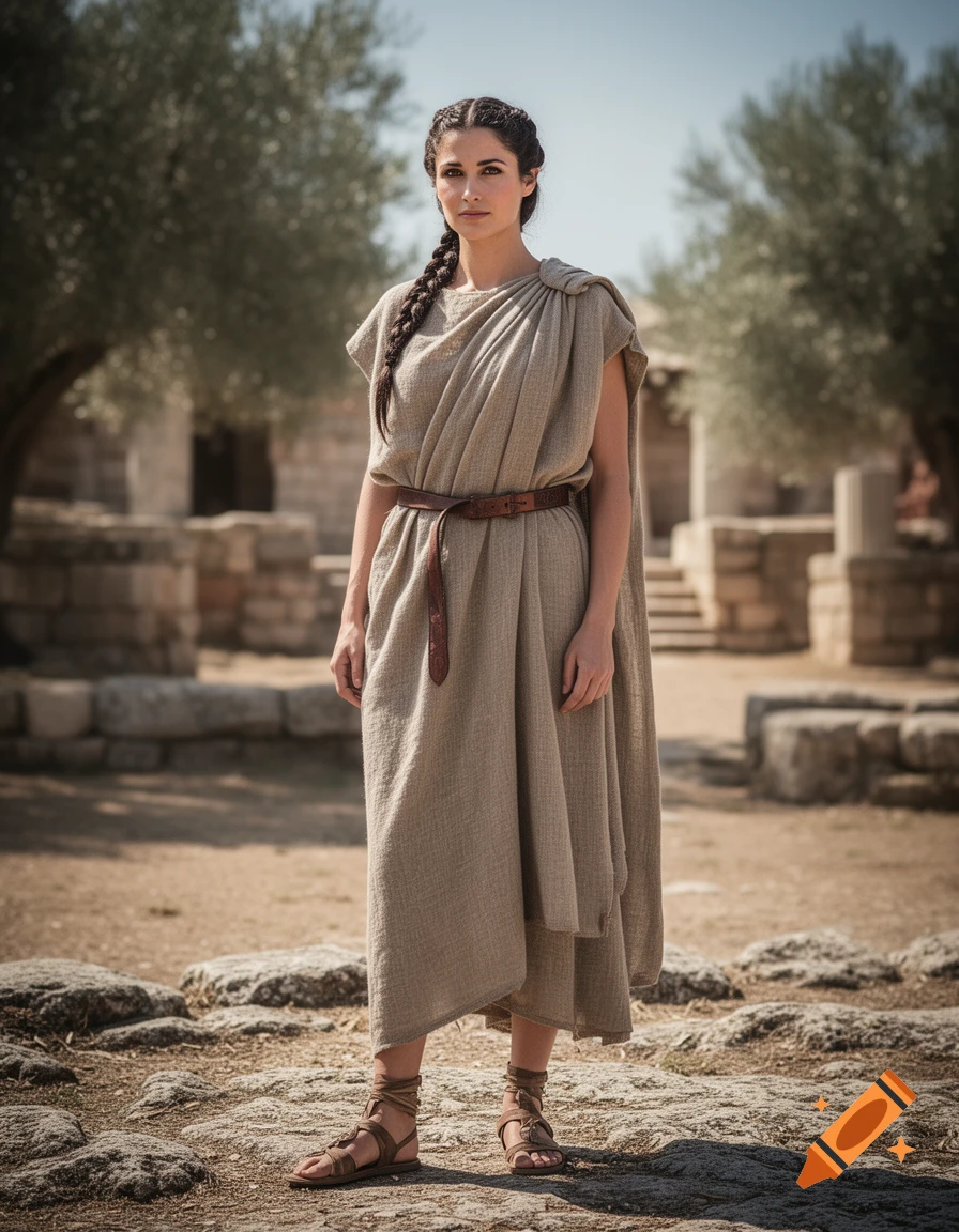 A photorealistic portrait of a woman with braided hair, wearing a beige tunic and sandals, standing in ancient ruins with olive trees.