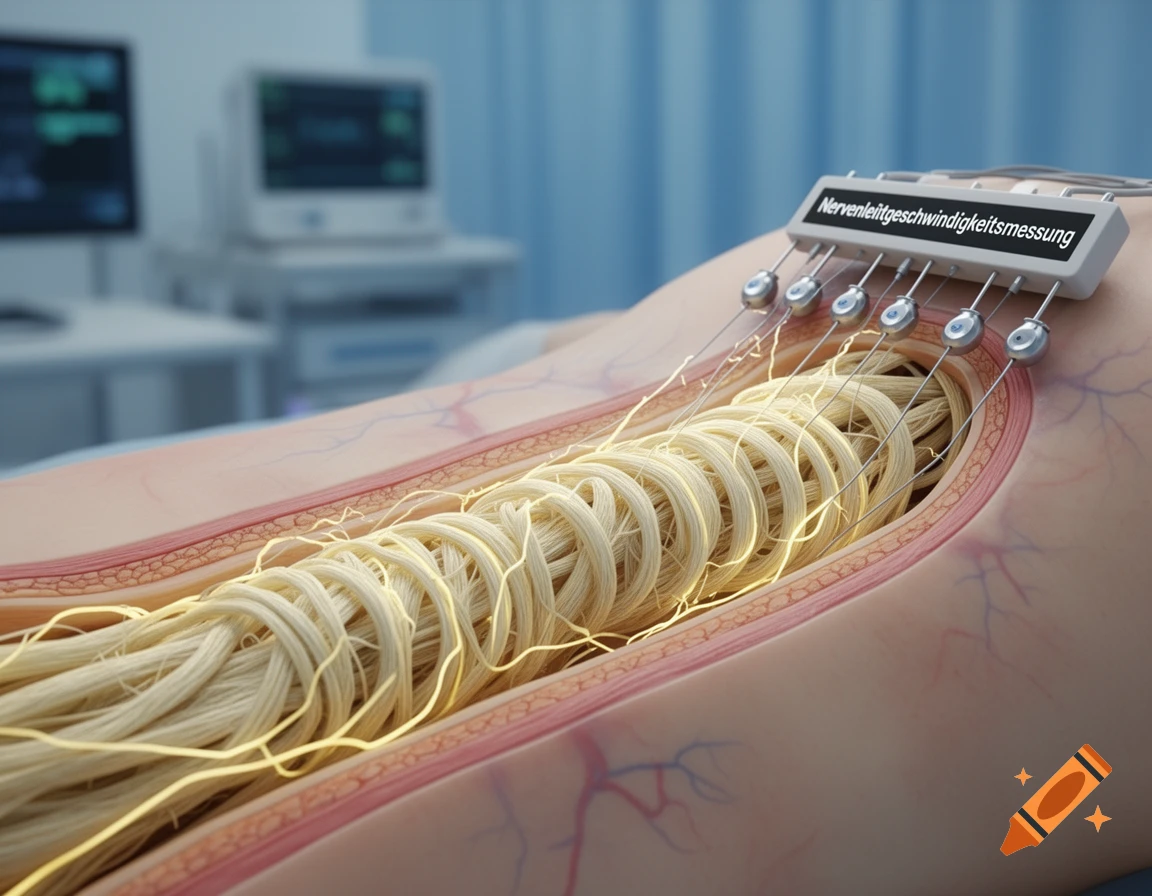 Close-up of a human leg cross-section, revealing nerves being measured by a device labeled "Nervenleitgeschwindigkeitsmessung" in a medical setting.