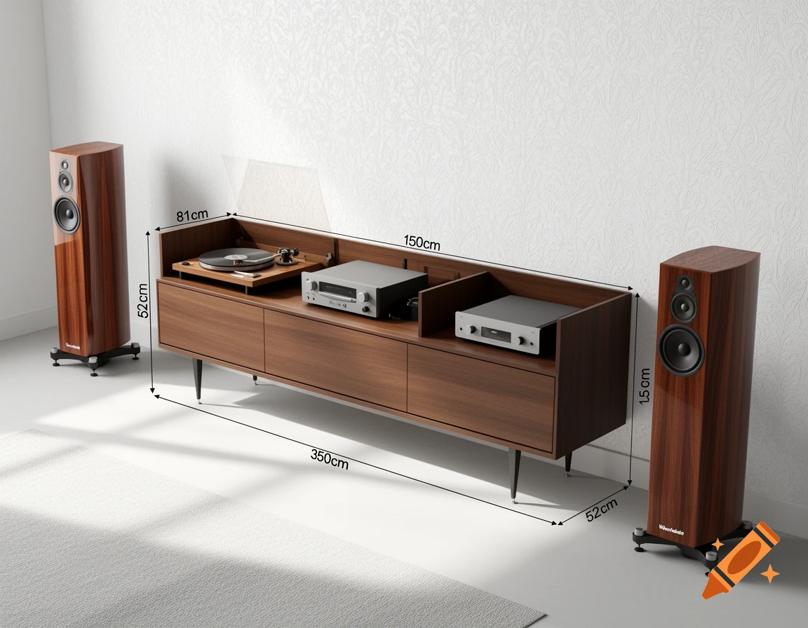 Photorealistic image of a wooden media console with a turntable and stereo components, flanked by two tall wooden speakers, with dimensions labeled.