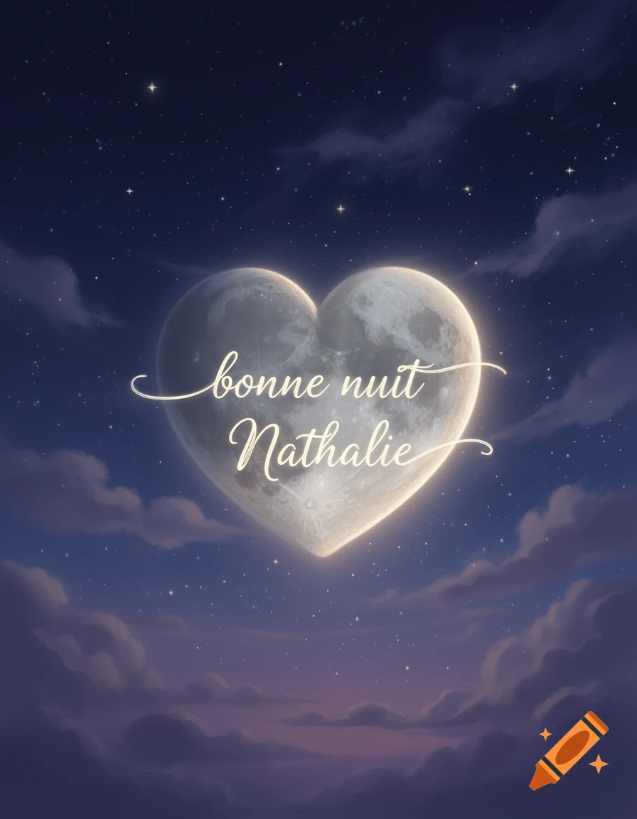 A heart-shaped moon with the words 'bonne nuit Nathalie' in a starry night sky with clouds.