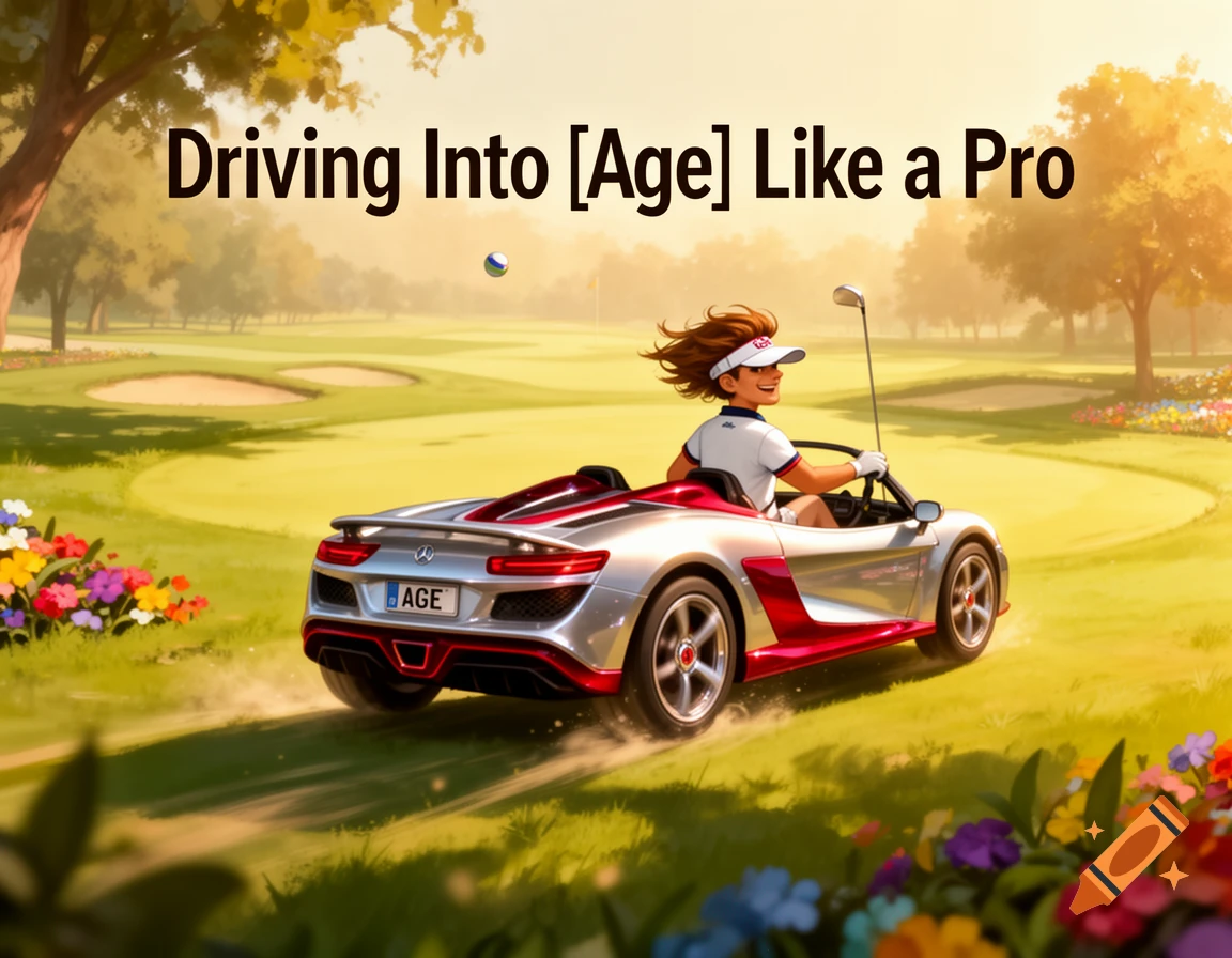 Cartoon golfer in a red and silver sports car golf cart on a green course, with text "Driving Into [Age] Like a Pro".