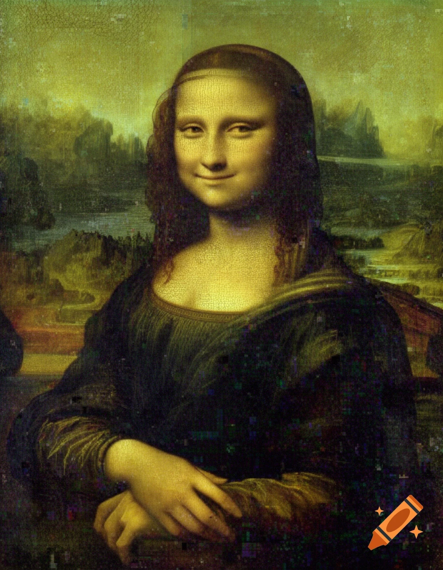 The Mona Lisa painting with visible low-resolution artifacts, pixelation, and murky, yellow-green tones, in an AI art style.