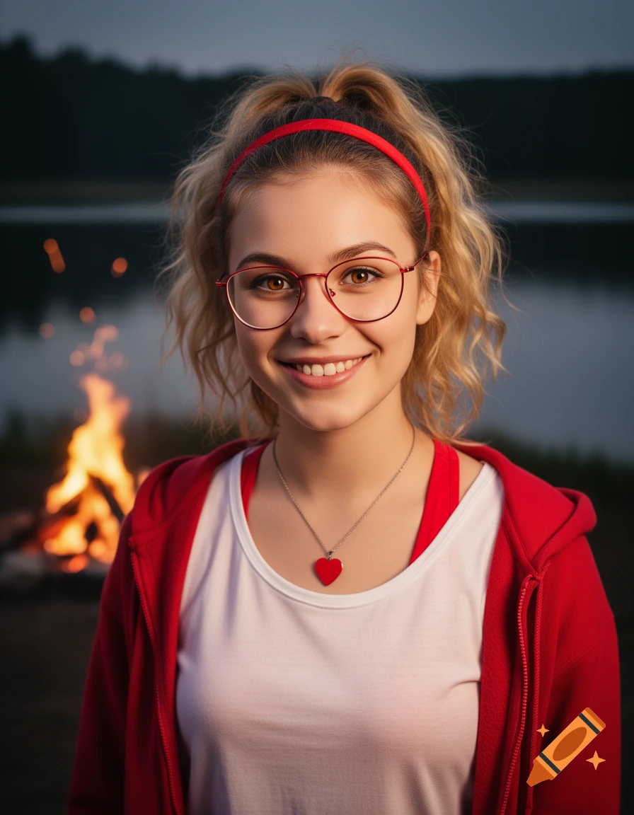 A smiling young woman with glasses, a red headband, and a heart necklace stands in front of a campfire by a lake.