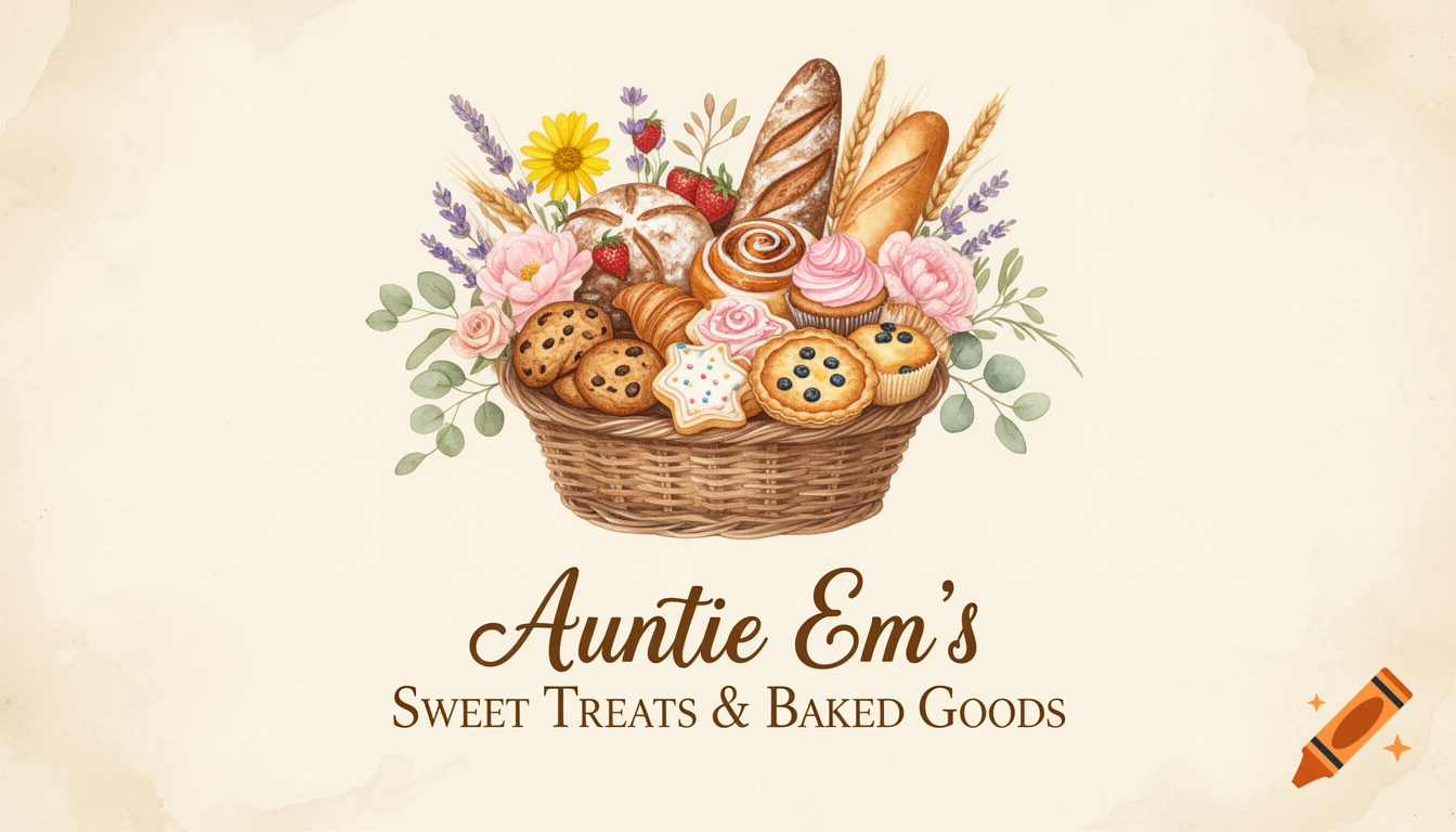 A watercolor illustration of a rustic basket filled with assorted baked goods and flowers, with 'Auntie Em's Sweet Treats & Baked Goods' text below.