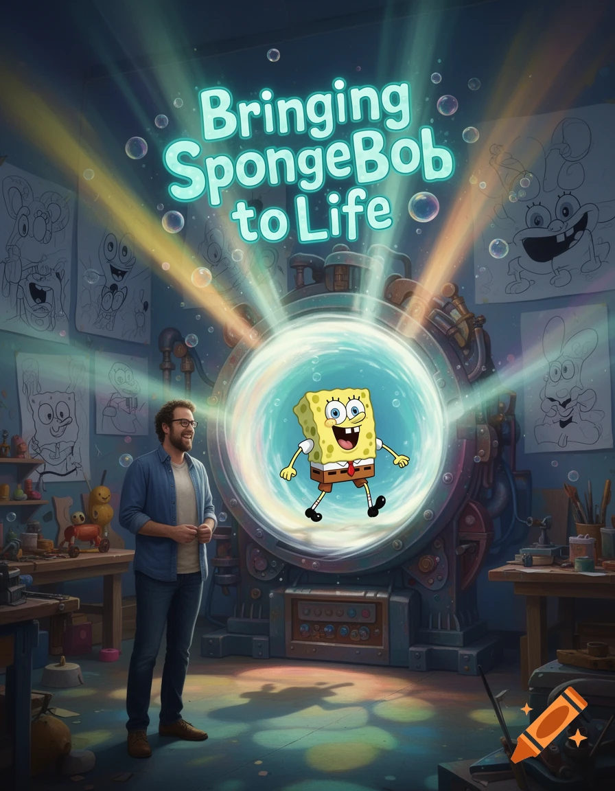 Steven Helberg watches a vibrant SpongeBob emerge from a glowing machine in a workshop, titled "Bringing SpongeBob to Life".