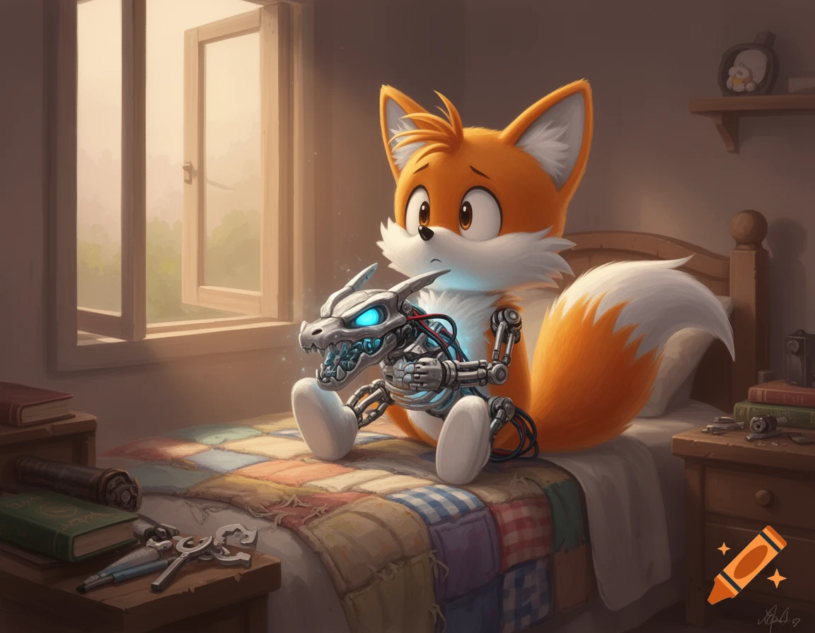 Tails from Sonic sits on a quilted bed in a sunlit room, holding a detailed robotic skeleton dragon head. Digital art.