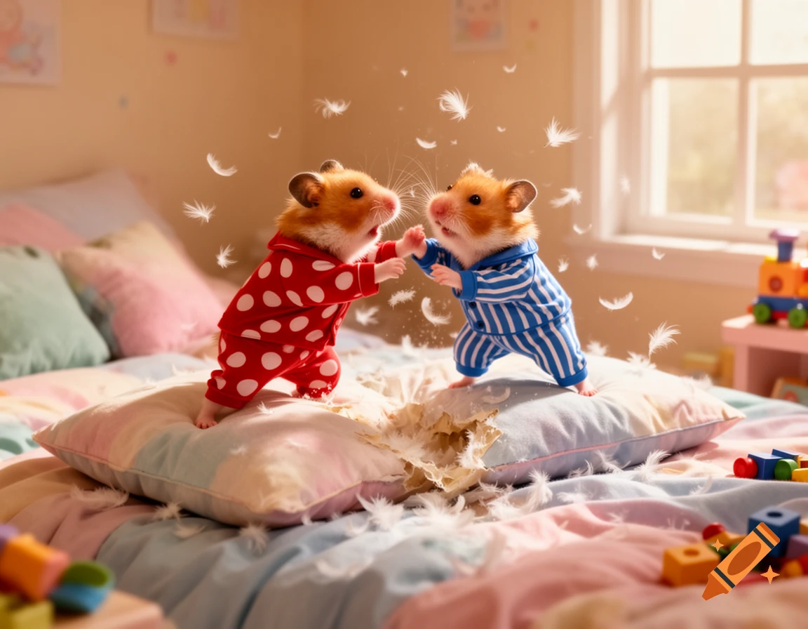 Two hamsters in pajamas have a pillow fight on a bed, surrounded by feathers in a bright child's room.