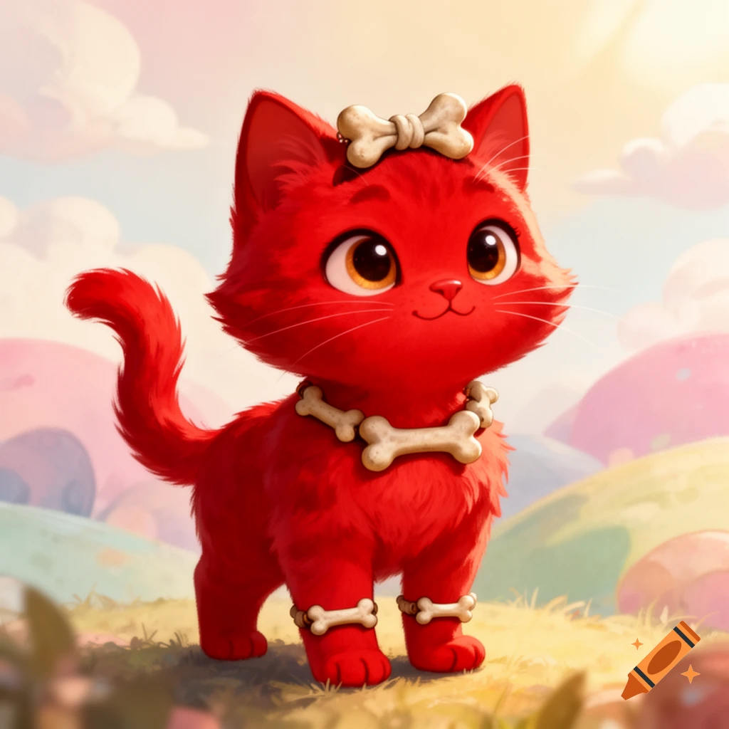A cute red cartoon cat wears bone-shaped accessories on its head, around its neck, and on its ankles, standing outdoors.