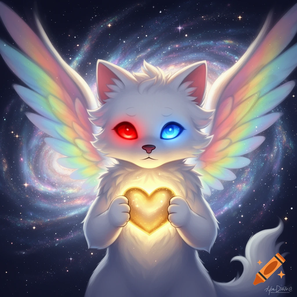 Cute white cat-like creature with rainbow wings, mismatched glowing eyes, holding a glowing heart in front of a galaxy background.