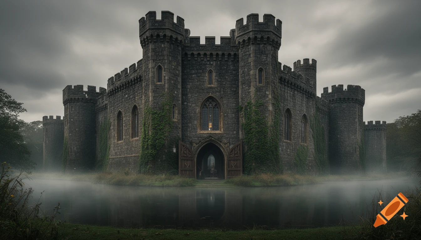 A dark, misty medieval castle with stone walls and ivy, reflected in a still body of water under a cloudy sky.