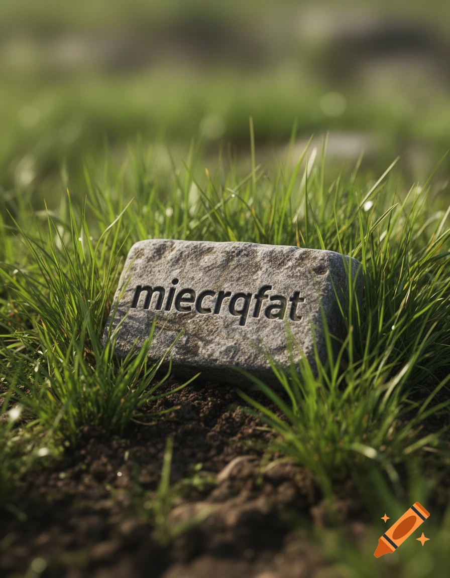 A close-up, photorealistic image of a stone block inscribed with "miecrqfat", partially submerged in green grass and soil.