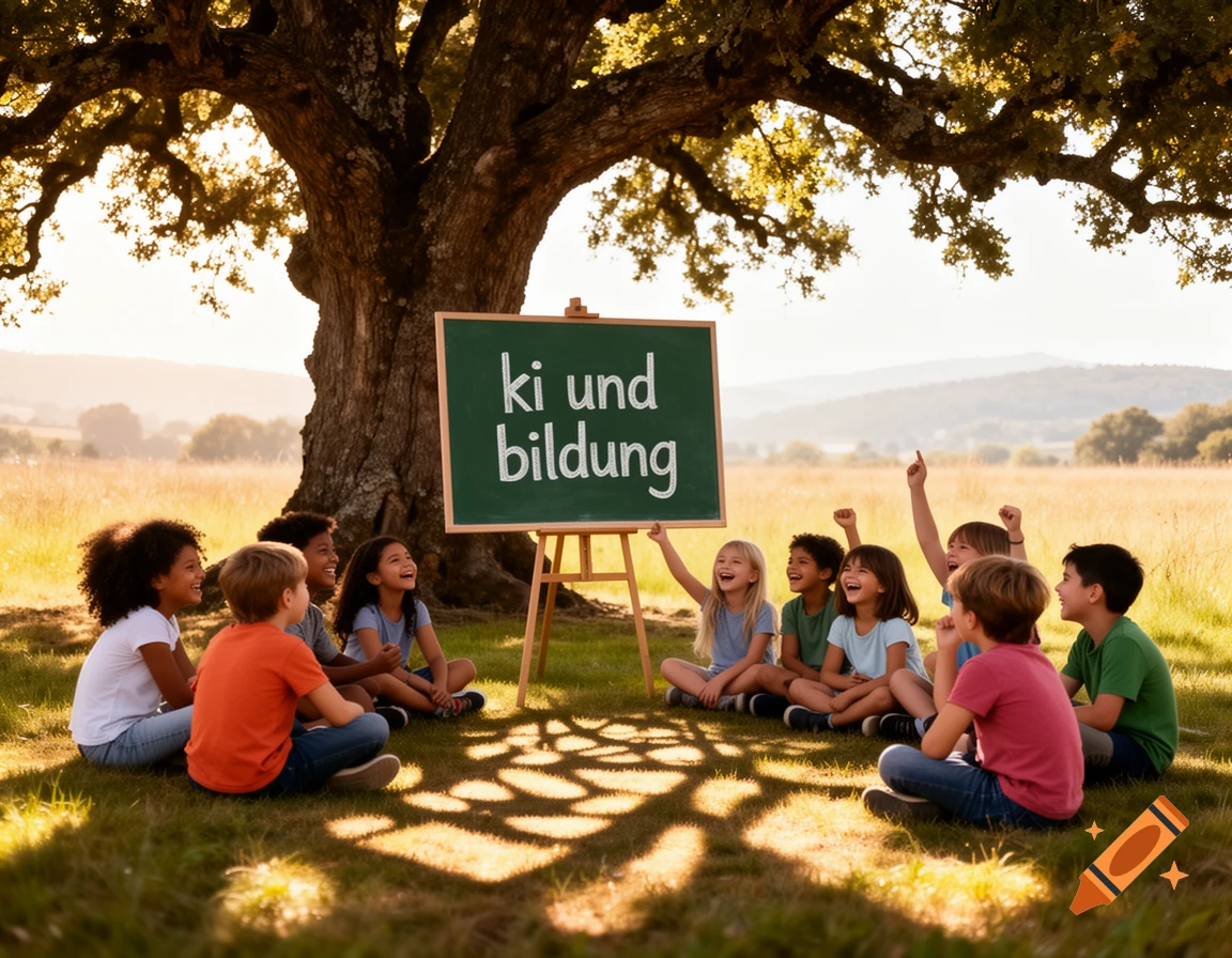 Diverse children sit on grass under a large tree, looking at a blackboard that reads 'ki und bildung' in a sunny field.