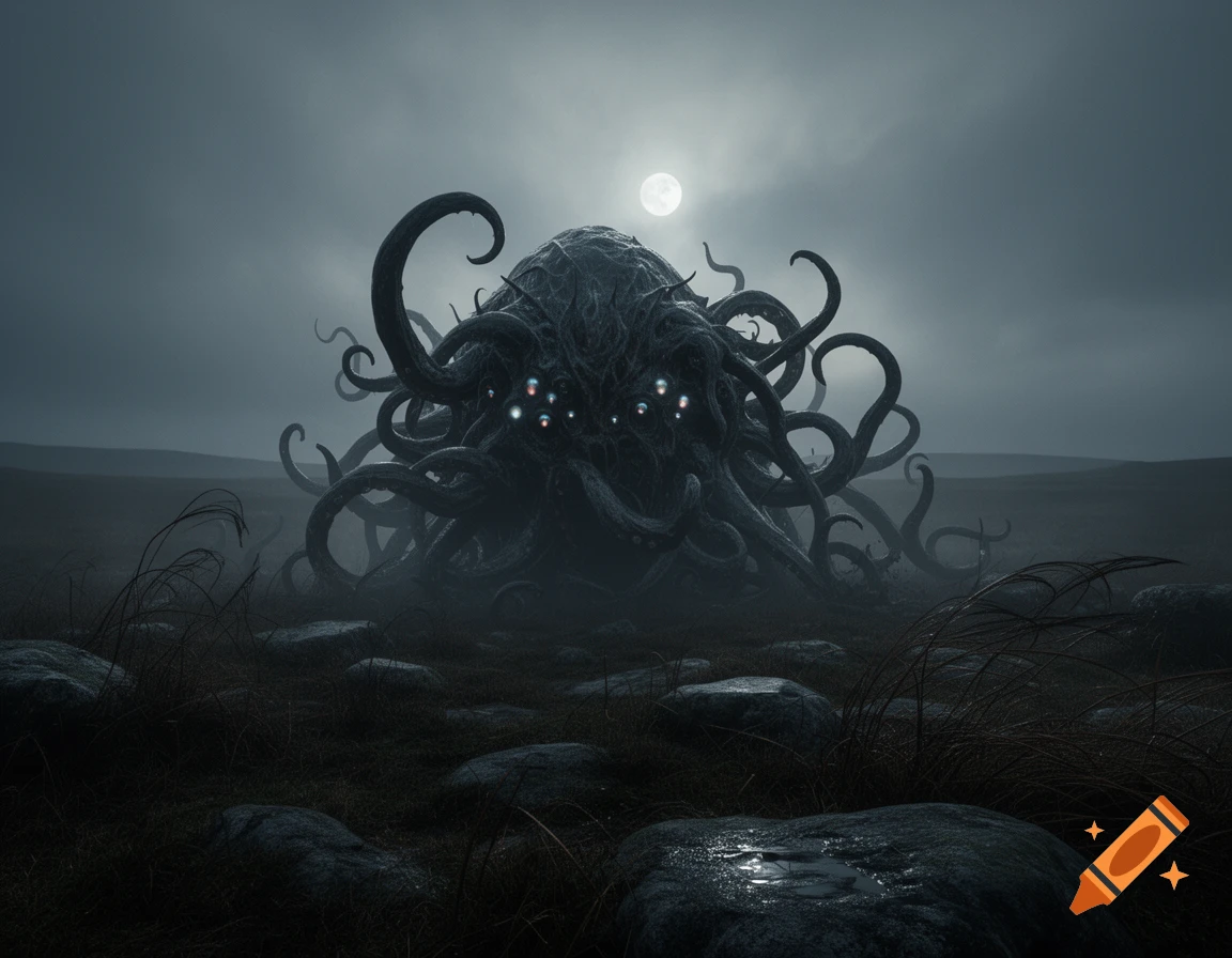 A terrifying, tentacled monster with many glowing eyes emerges from a dark, misty field under a full moon in a dramatic horror style.