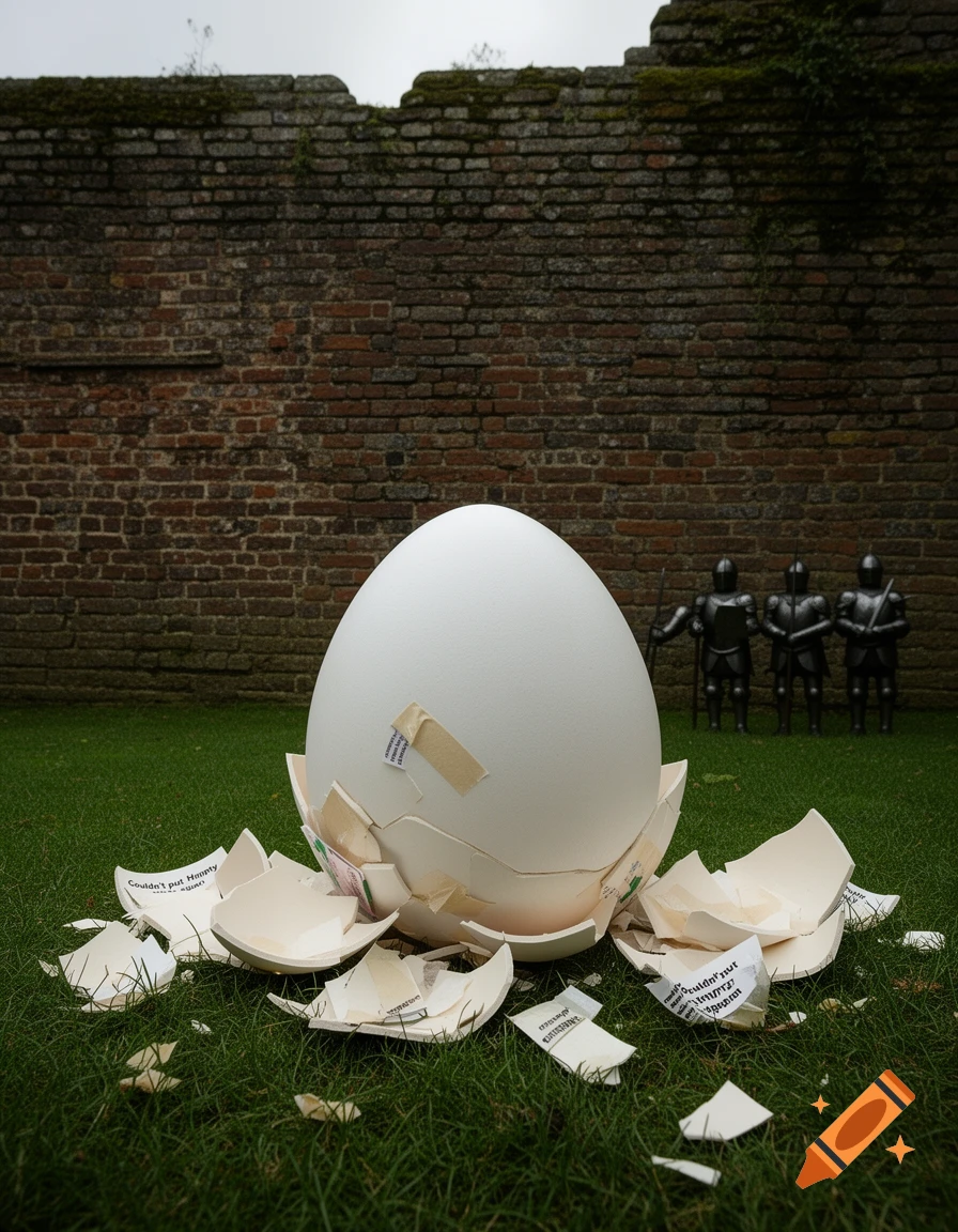 A giant cracked white egg with scattered shell pieces and papers on green grass in front of a brick wall and three knight statues. One paper reads "Couldn't put Humpty together again."