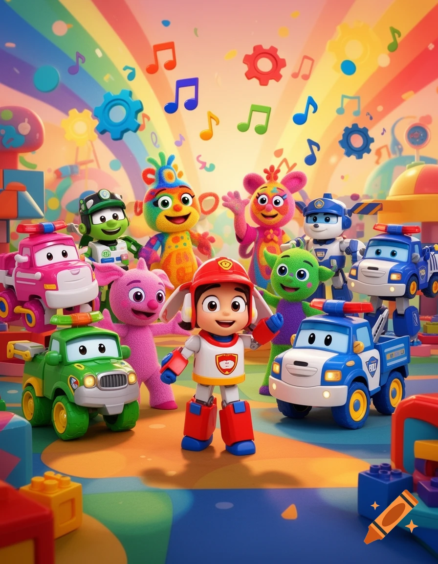 A group of colorful cartoon characters and toy vehicles, including a robot in a red helmet, standing in a vibrant, rainbow-themed playroom.
