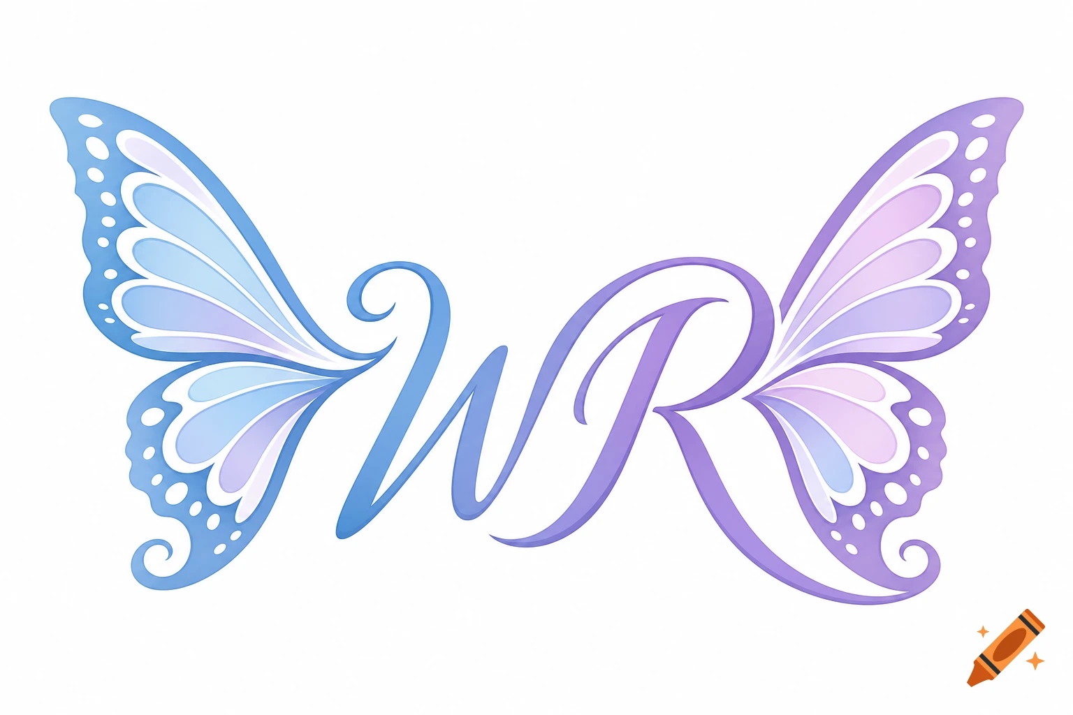 Cursive blue and purple 'WR' logo with butterfly wings in a 3D style.