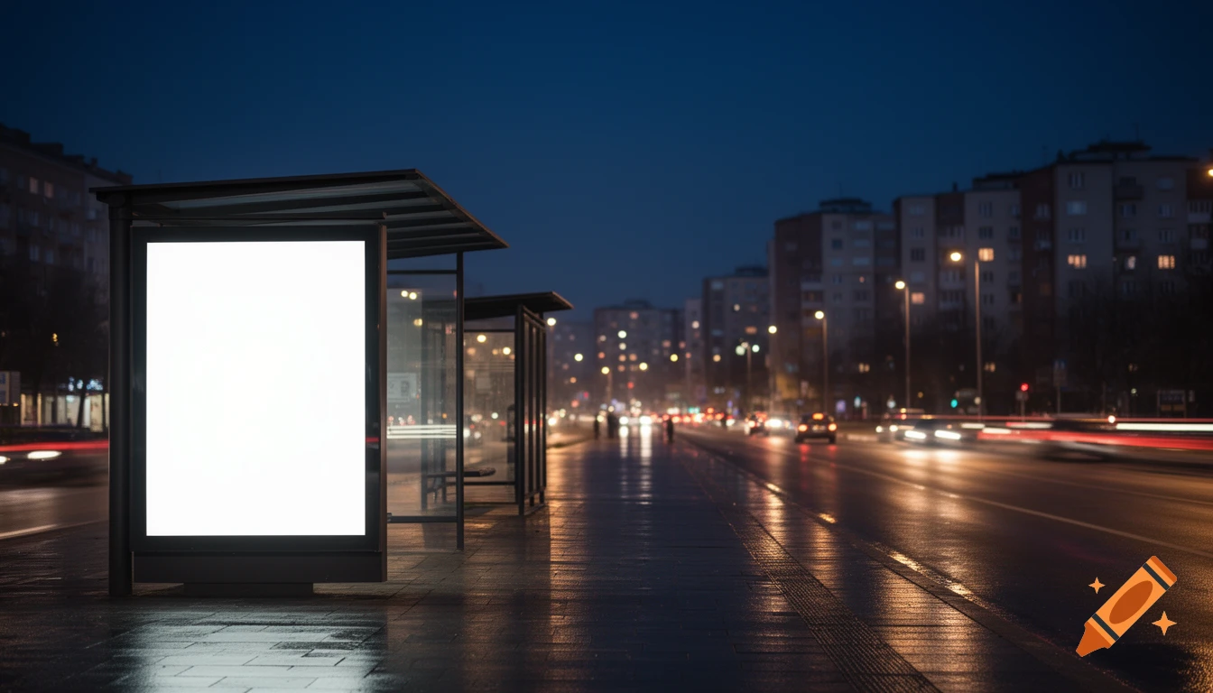 Photorealistic nighttime urban scene with a blank illuminated advertising poster at a bus stop on a wet street with blurred car light trails and distant buildings.
