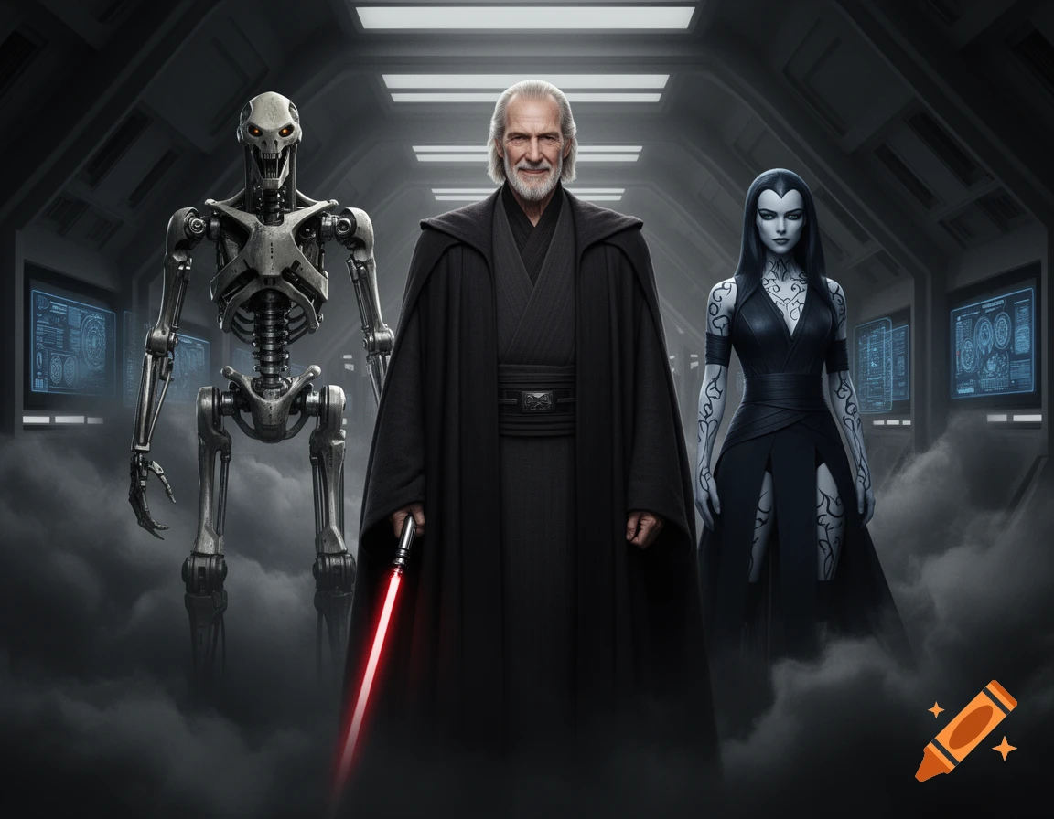 Count Dooku stands center, holding a red lightsaber, flanked by a skeleton-like droid on his left and Asajj Ventress on his right, in a futuristic corridor filled with smoke.