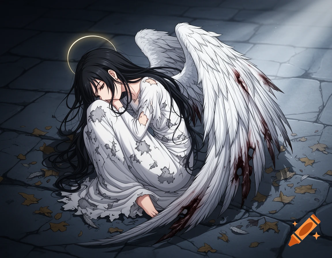 An anime-style fallen angel with long black hair and bloodied white wings, dressed in tattered white, sits on a stone ground.