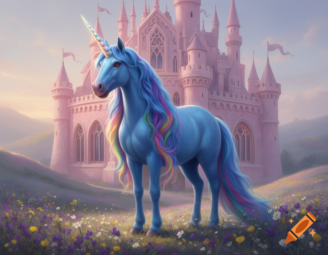 A blue unicorn with a rainbow mane and tail stands in a field of wildflowers with a pink fairytale castle in the background.