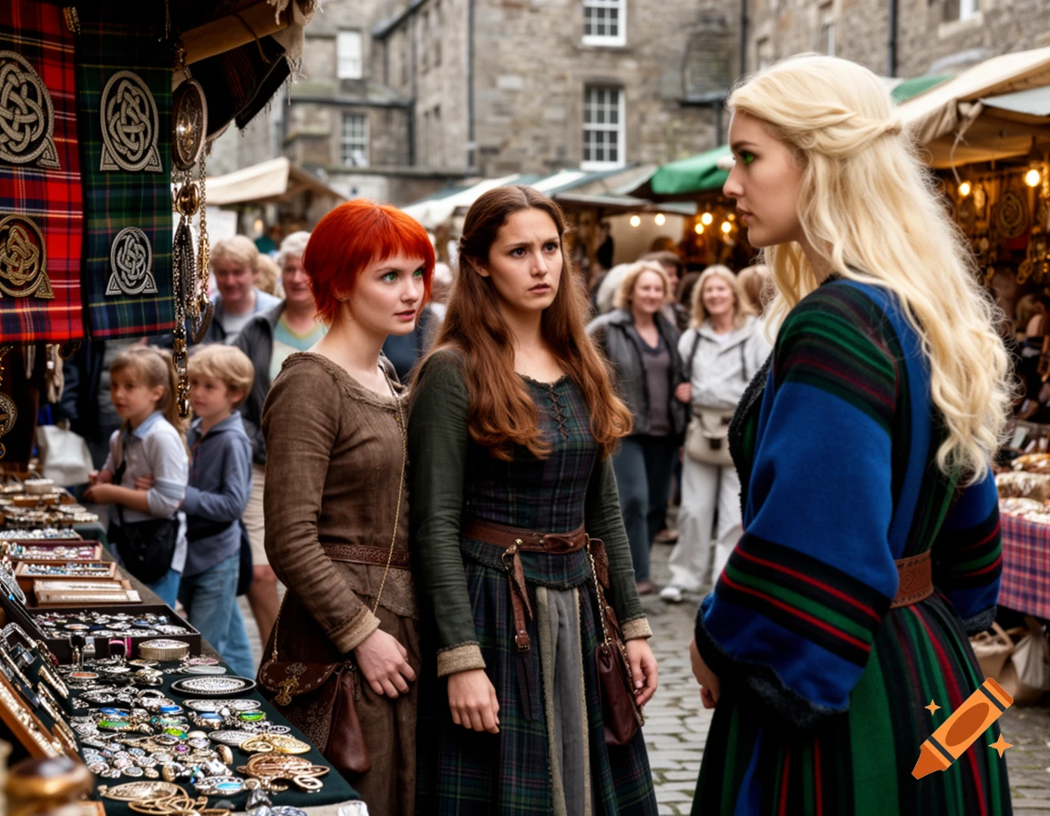 Three women in medieval attire at a bustling market stall. A red-haired woman and a brown-haired woman look at a blonde woman, with Celtic patterned fabrics and jewelry displayed nearby.
