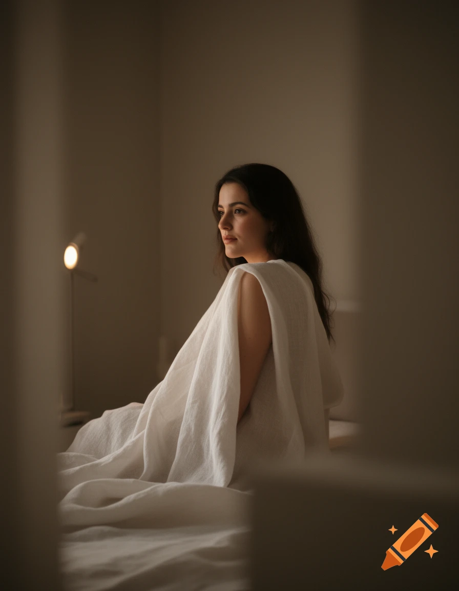 A woman with dark hair draped in white sheets sits in a softly lit room, looking thoughtfully to the side. Photorealistic.