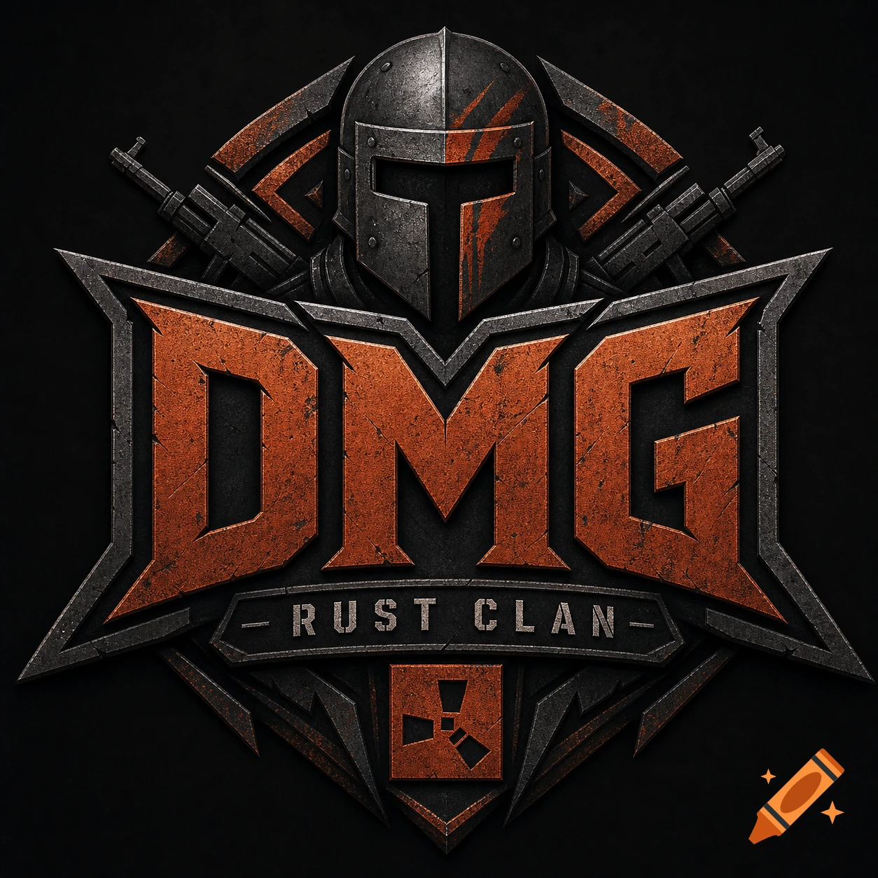 Gritty metallic logo featuring a dark Spartan helmet, crossed assault rifles, 'DMG' in orange, 'RUST CLAN', and a radioactive symbol.